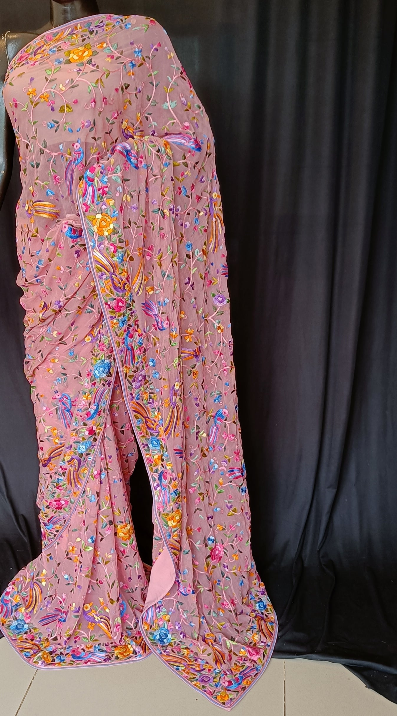 Gajri Pink Masterpiece Parsi Gara Pure Georgette Saree