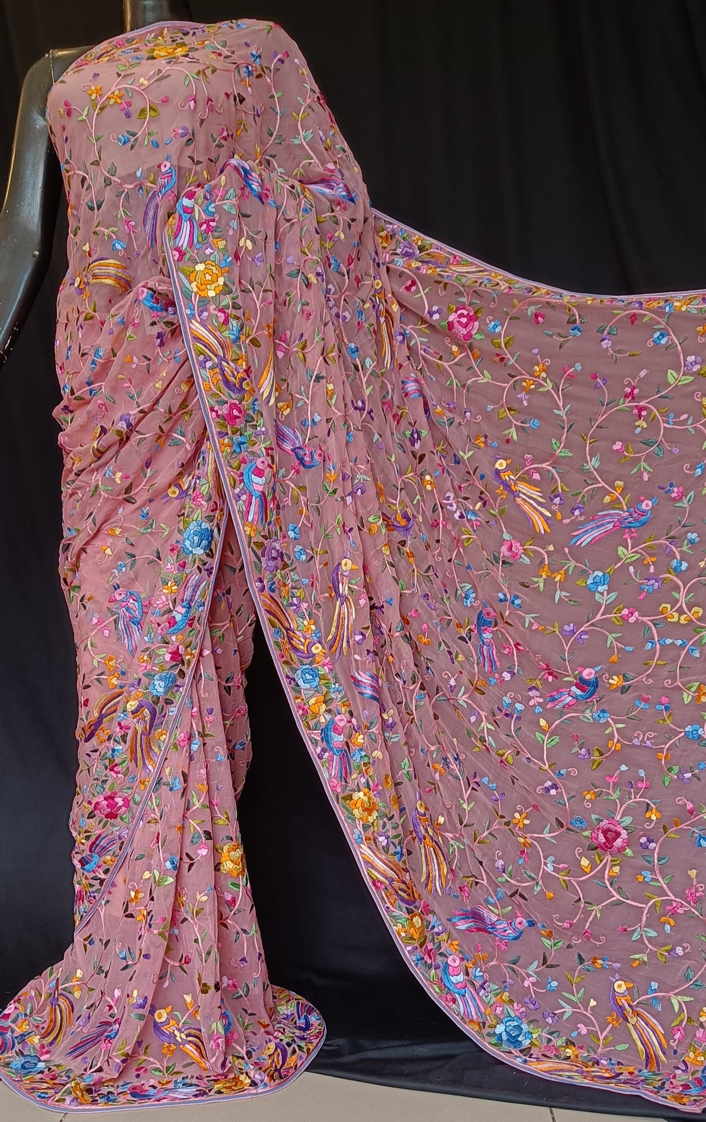 Gajri Pink Masterpiece Parsi Gara Pure Georgette Saree