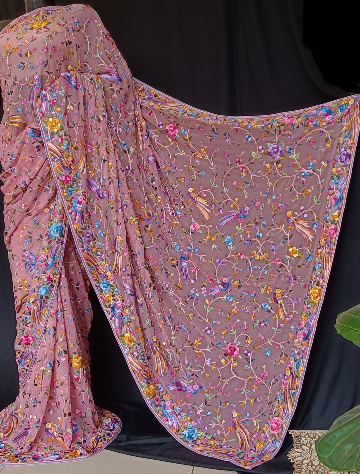 Gajri Pink Masterpiece Parsi Gara Pure Georgette Saree
