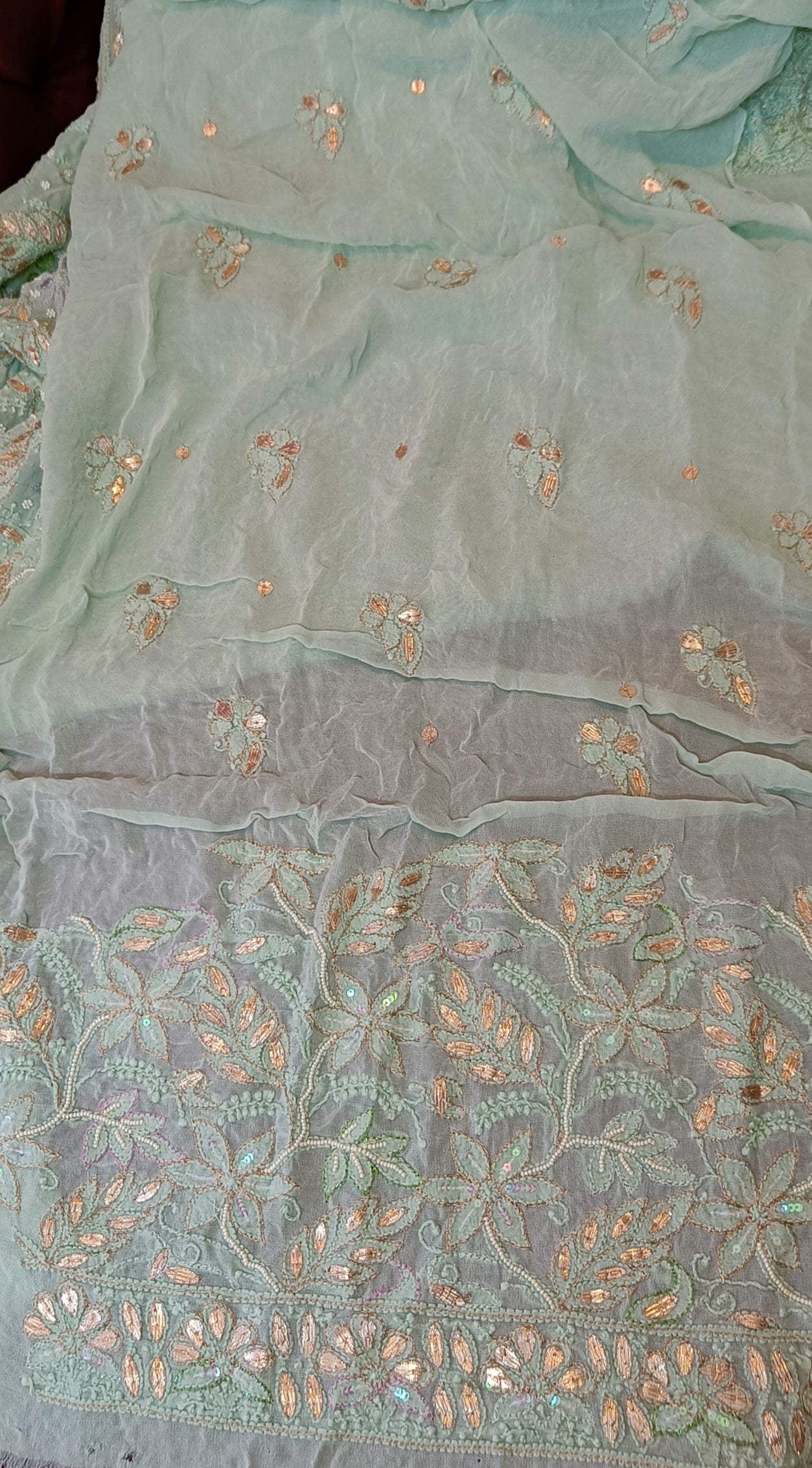 Ruhani Sage Green Chikankari resham pearl sequins gota patti lehenga set
