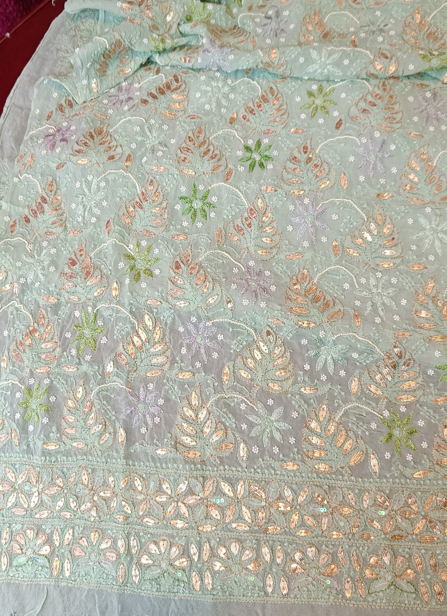 Ruhani Sage Green Chikankari resham pearl sequins gota patti lehenga set