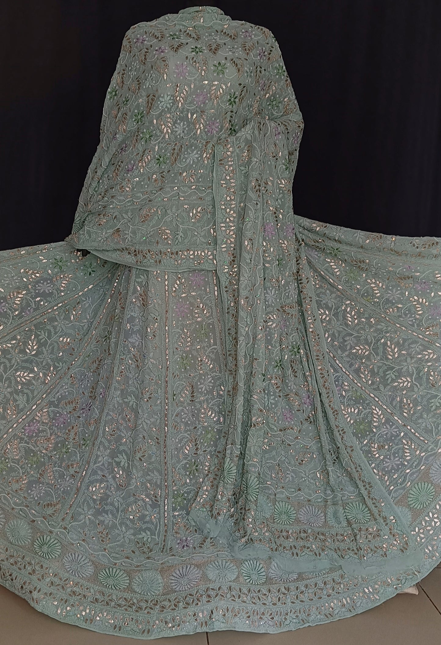 Ruhani Sage Green Chikankari resham pearl sequins gota patti lehenga set
