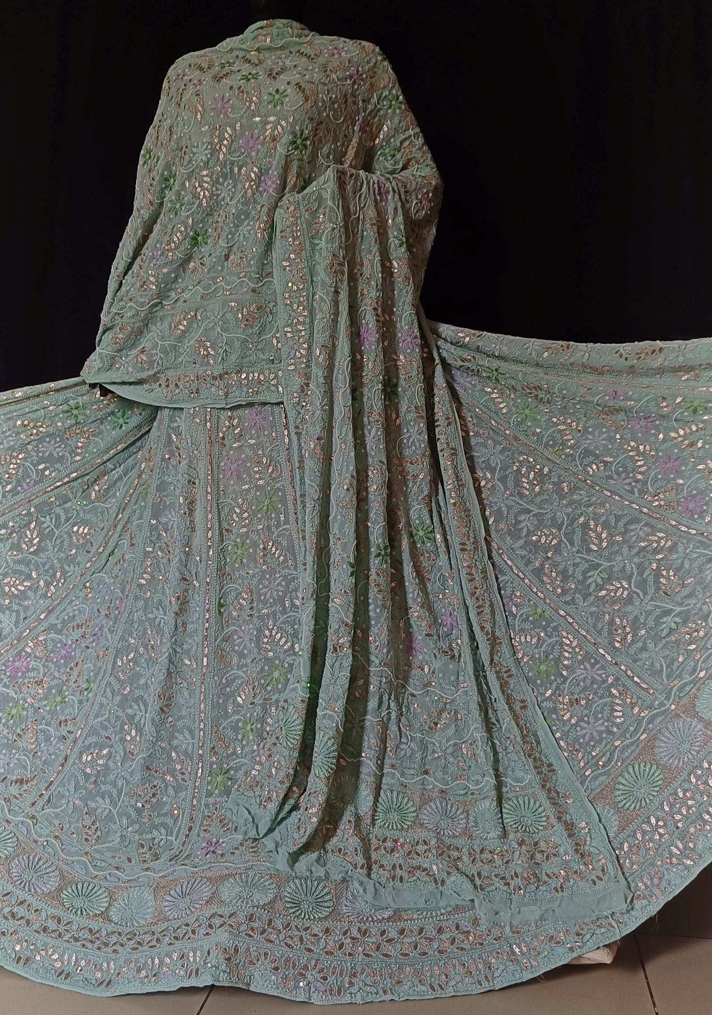 Ruhani Sage Green Chikankari resham pearl sequins gota patti lehenga set