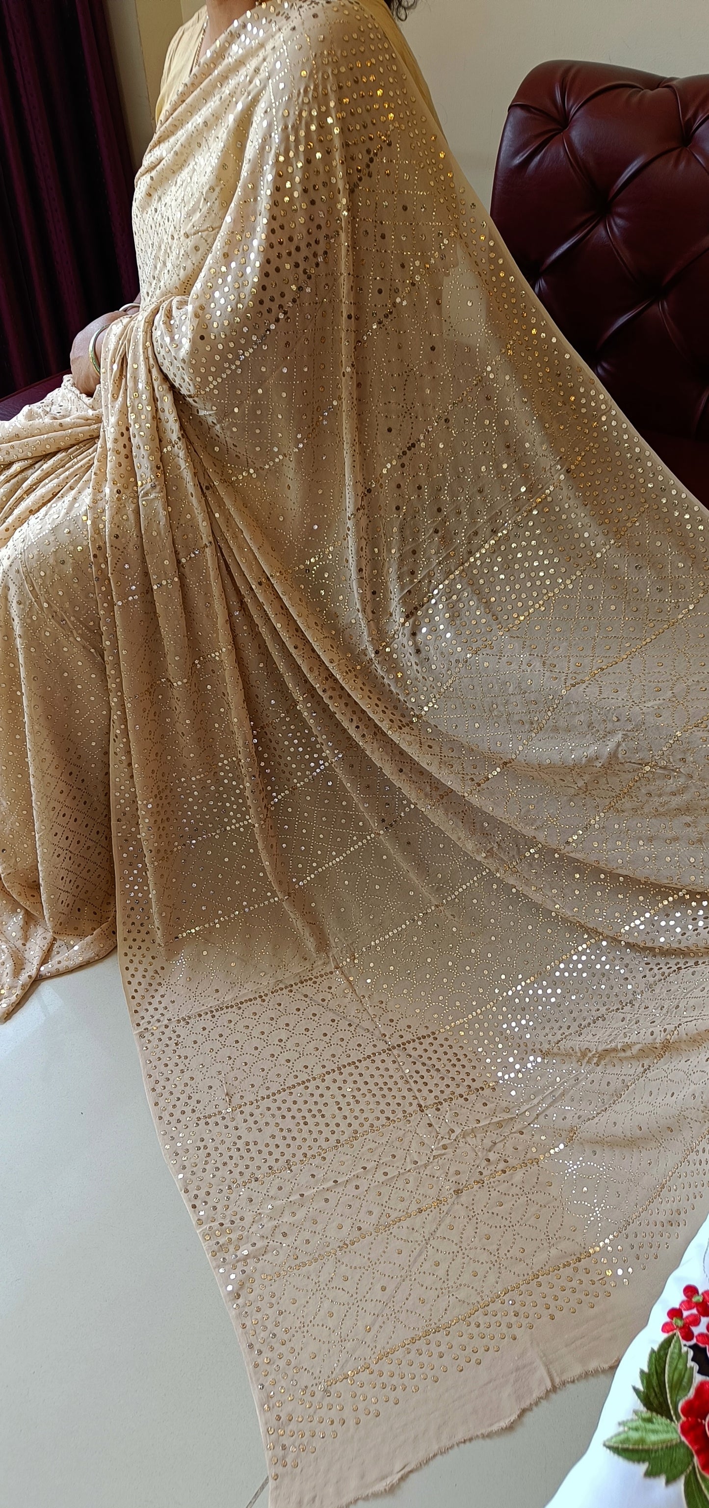 Ruhani Golden Beige Heavy Badla and Mukaish Saree