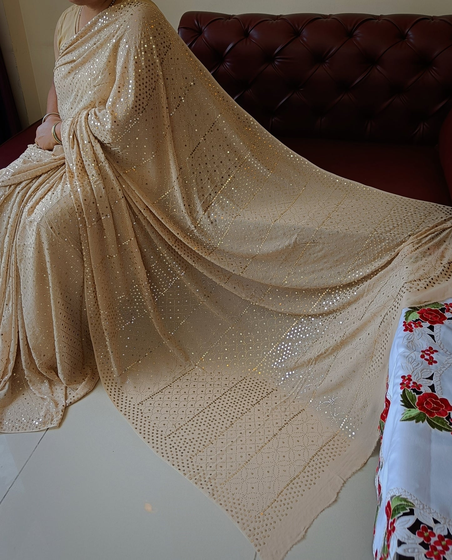 Ruhani Golden Beige Heavy Badla and Mukaish Saree