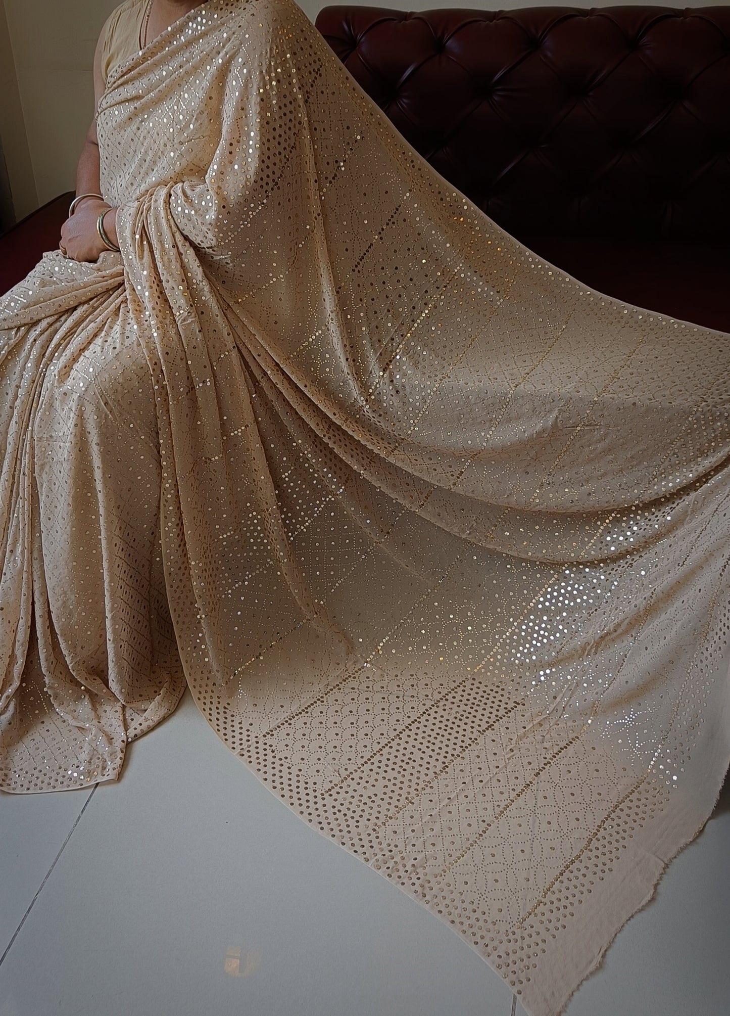 Ruhani Golden Beige Heavy Badla and Mukaish Saree