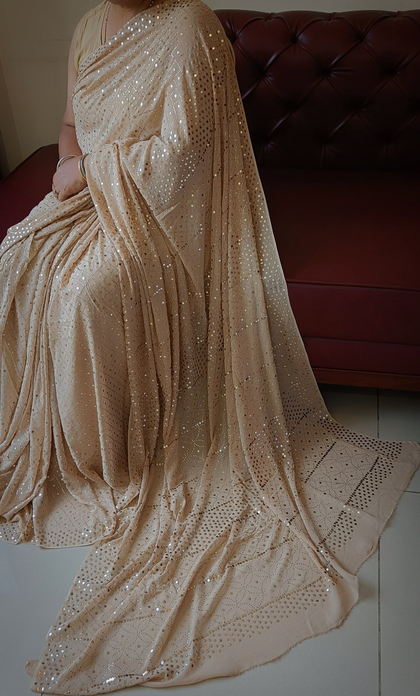 Ruhani Golden Beige Heavy Badla and Mukaish Saree