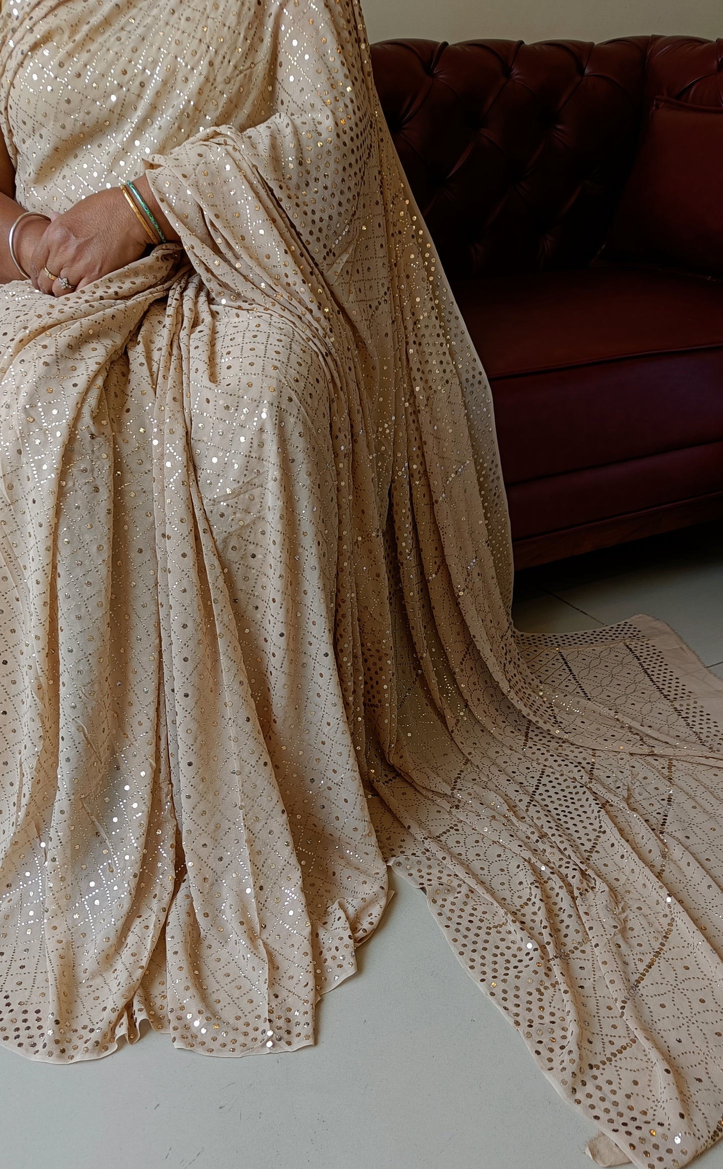 Ruhani Golden Beige Heavy Badla and Mukaish Saree