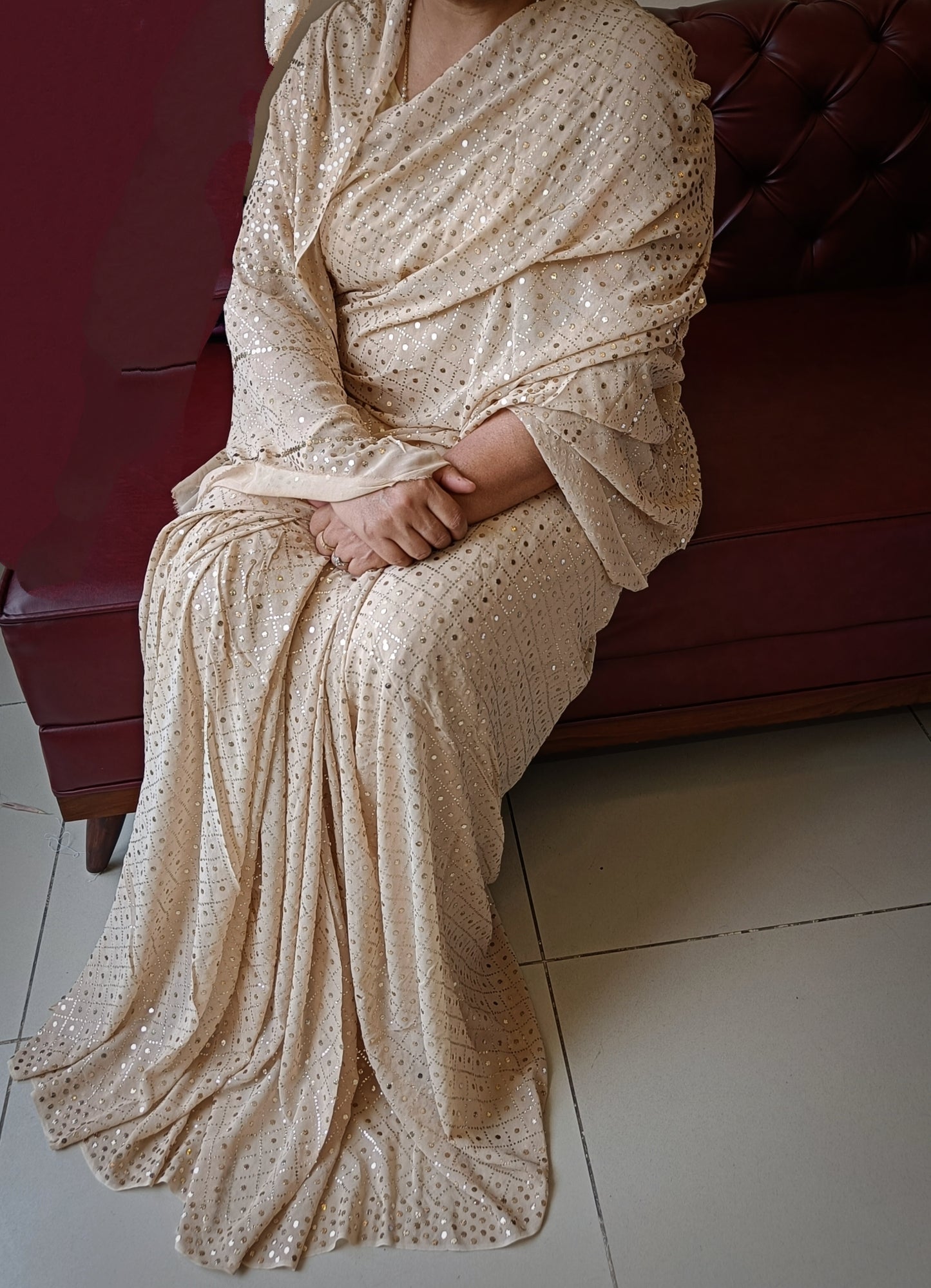 Ruhani Golden Beige Heavy Badla and Mukaish Saree