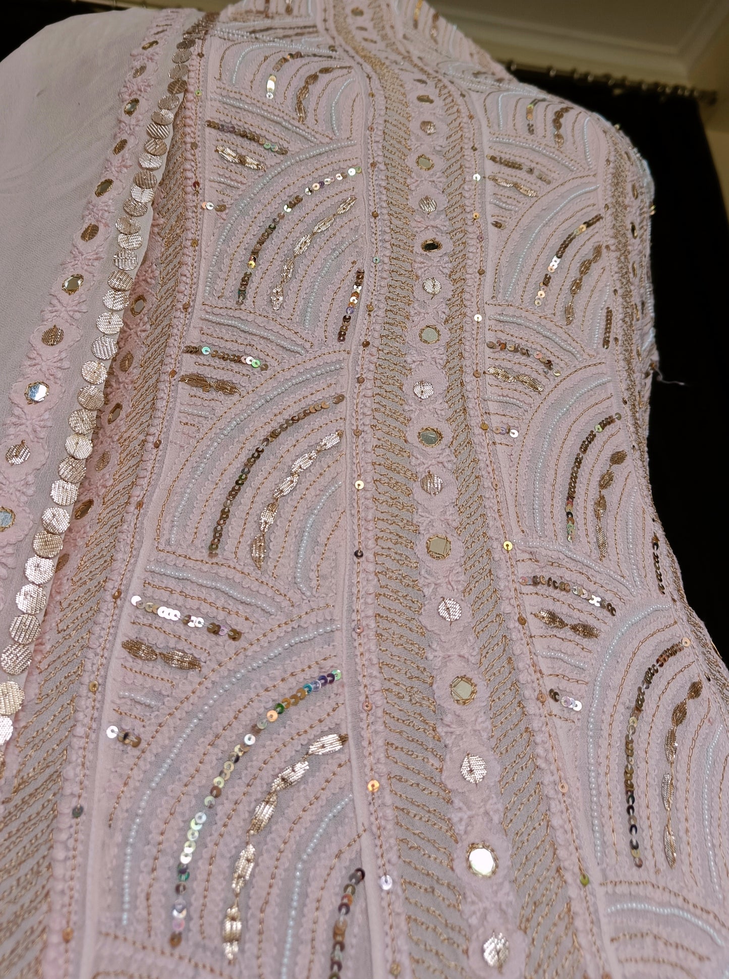 Oyster Pink Chikankari Pearl Sequins Anarkali with Dupatta
