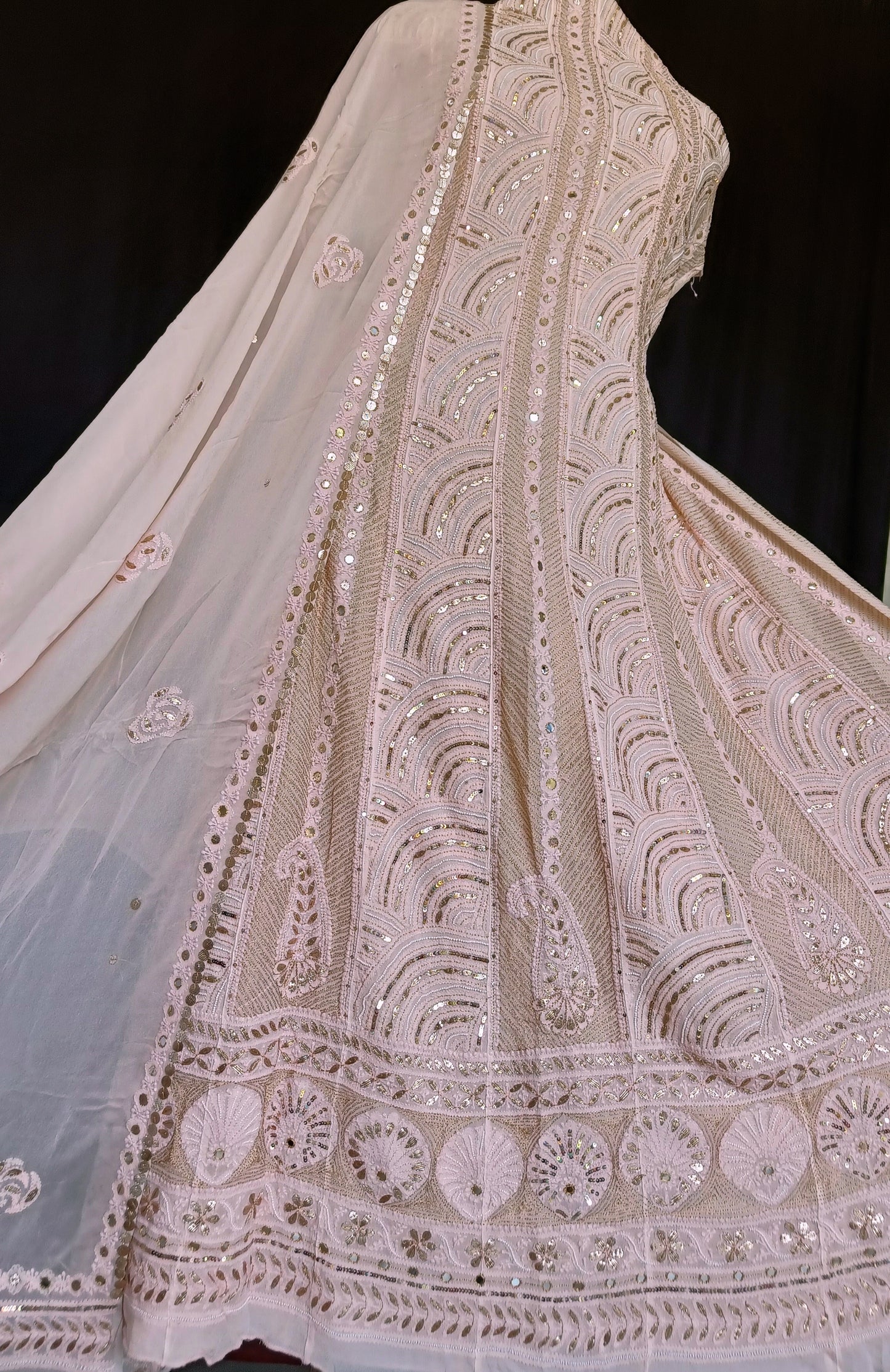 Oyster Pink Chikankari Pearl Sequins Anarkali with Dupatta