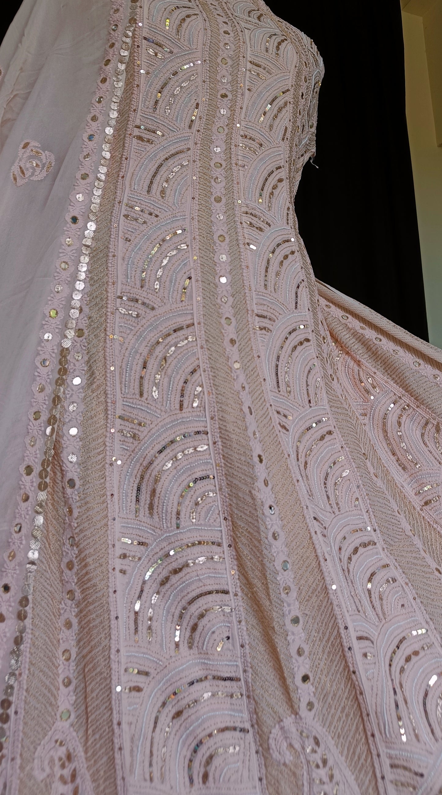 Oyster Pink Chikankari Pearl Sequins Anarkali with Dupatta