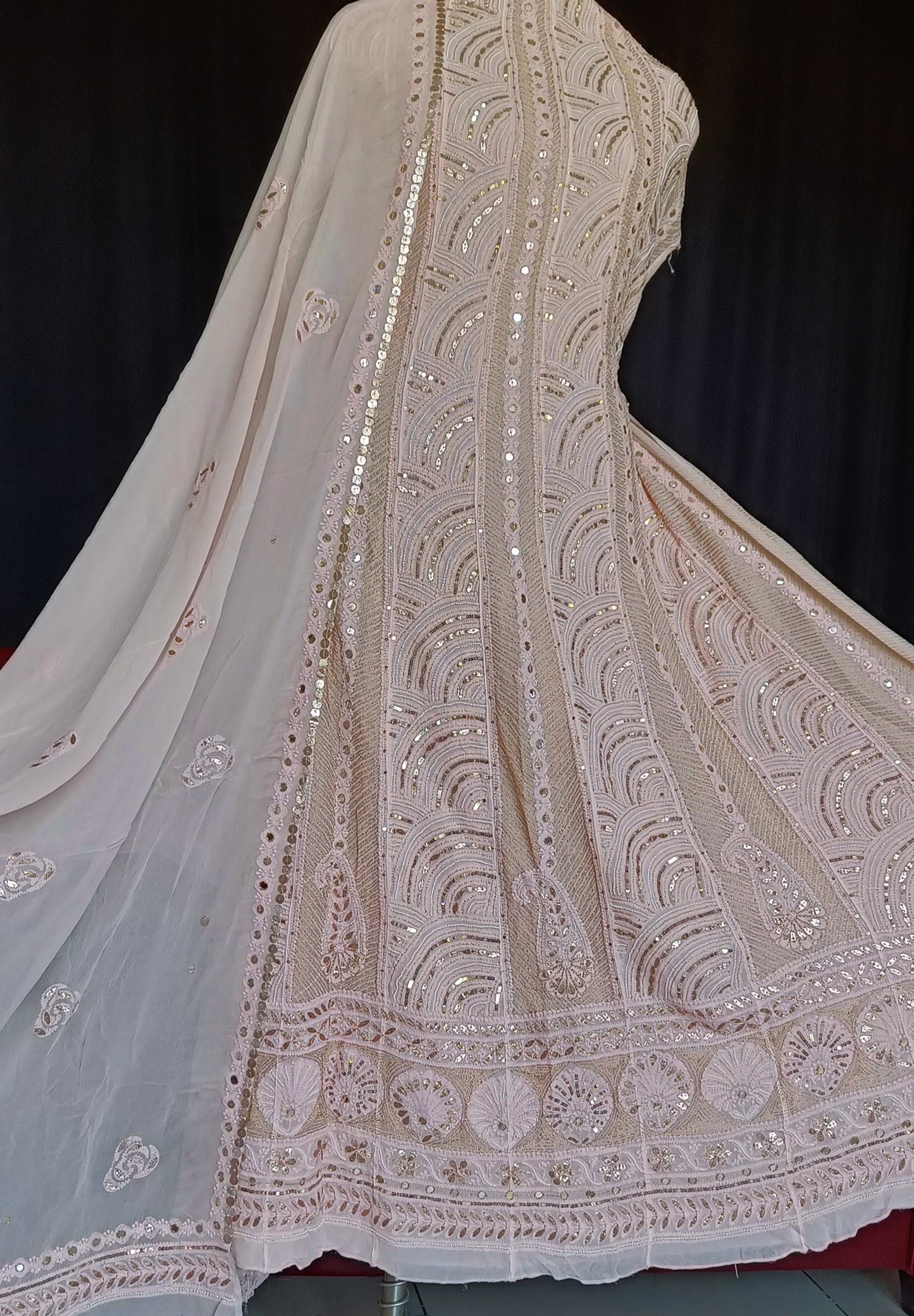 Oyster Pink Chikankari Pearl Sequins Anarkali with Dupatta