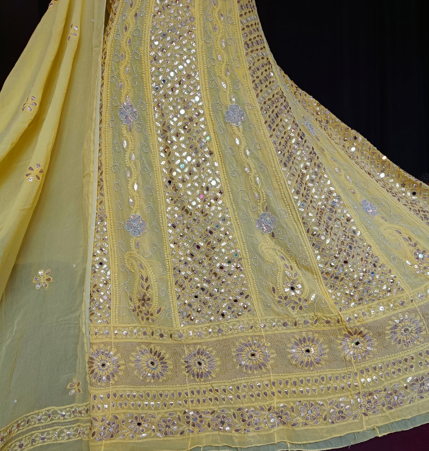 Yellow Chikankari Mirror Pearl Sequins Work Anarkali with Dupatta