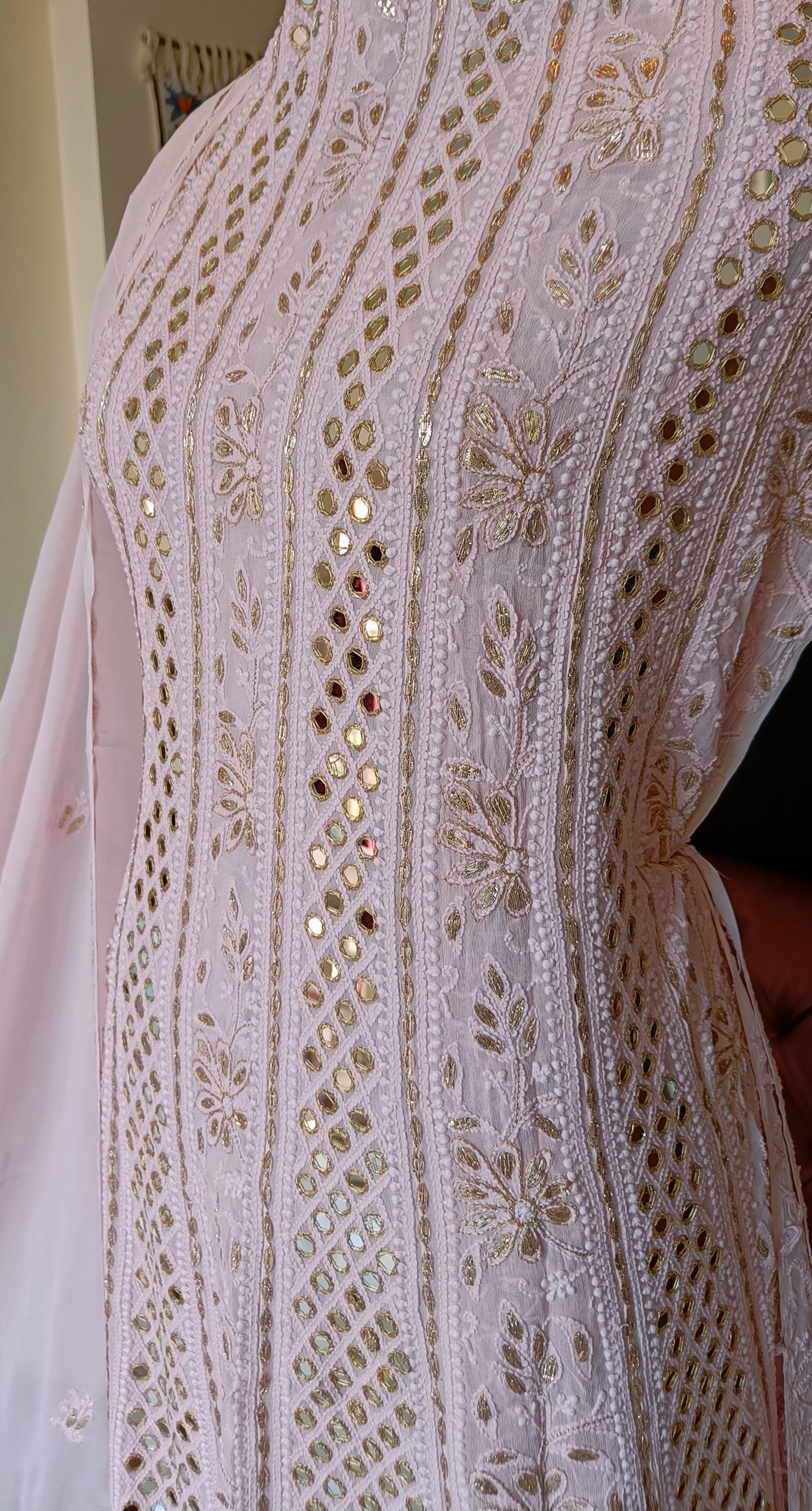 Pink Chikankari and Mirror Work Anarkali with Dupatta