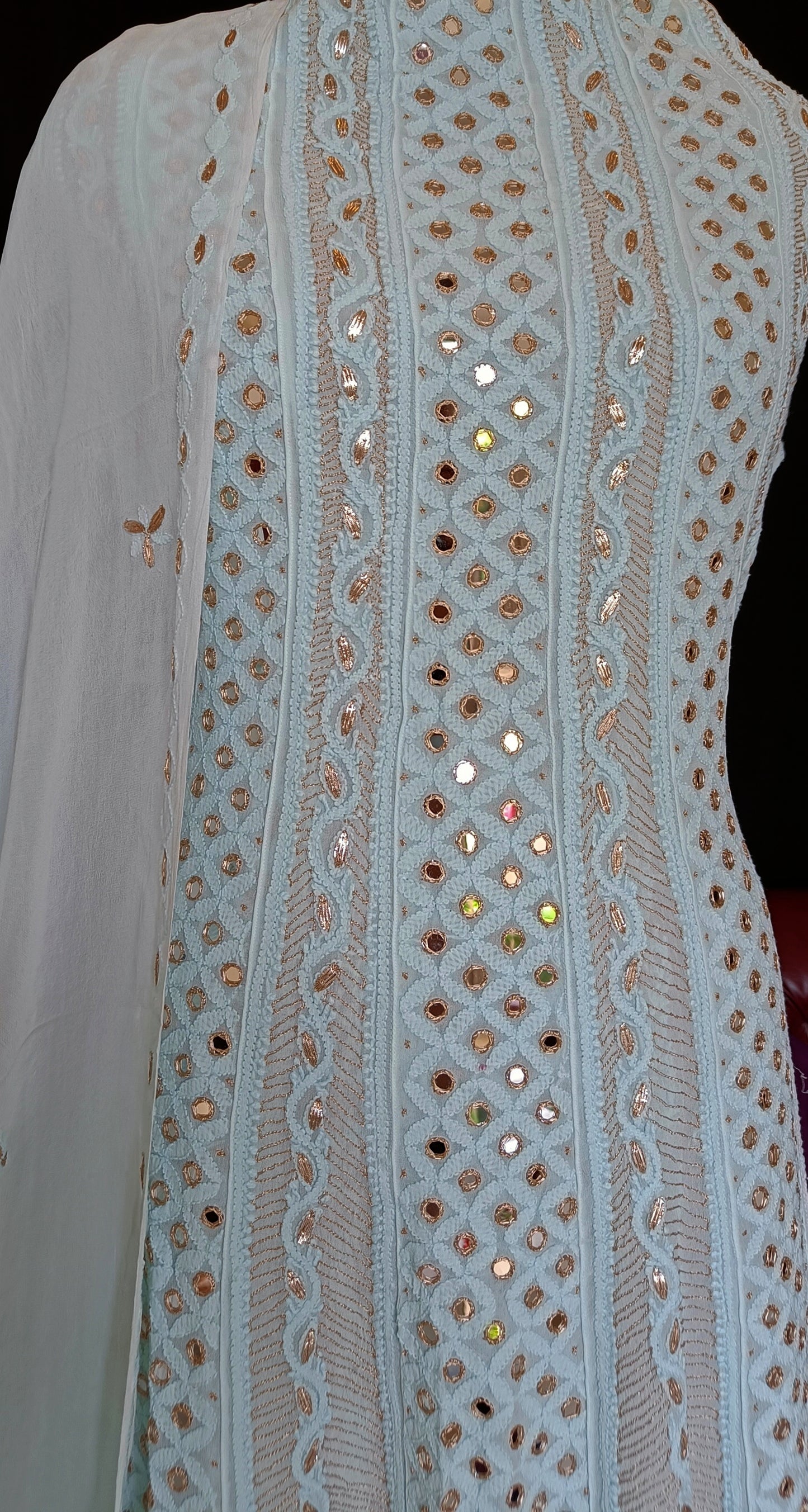 Light Firozi Chikankari and Mirror Work Anarkali with Dupatta