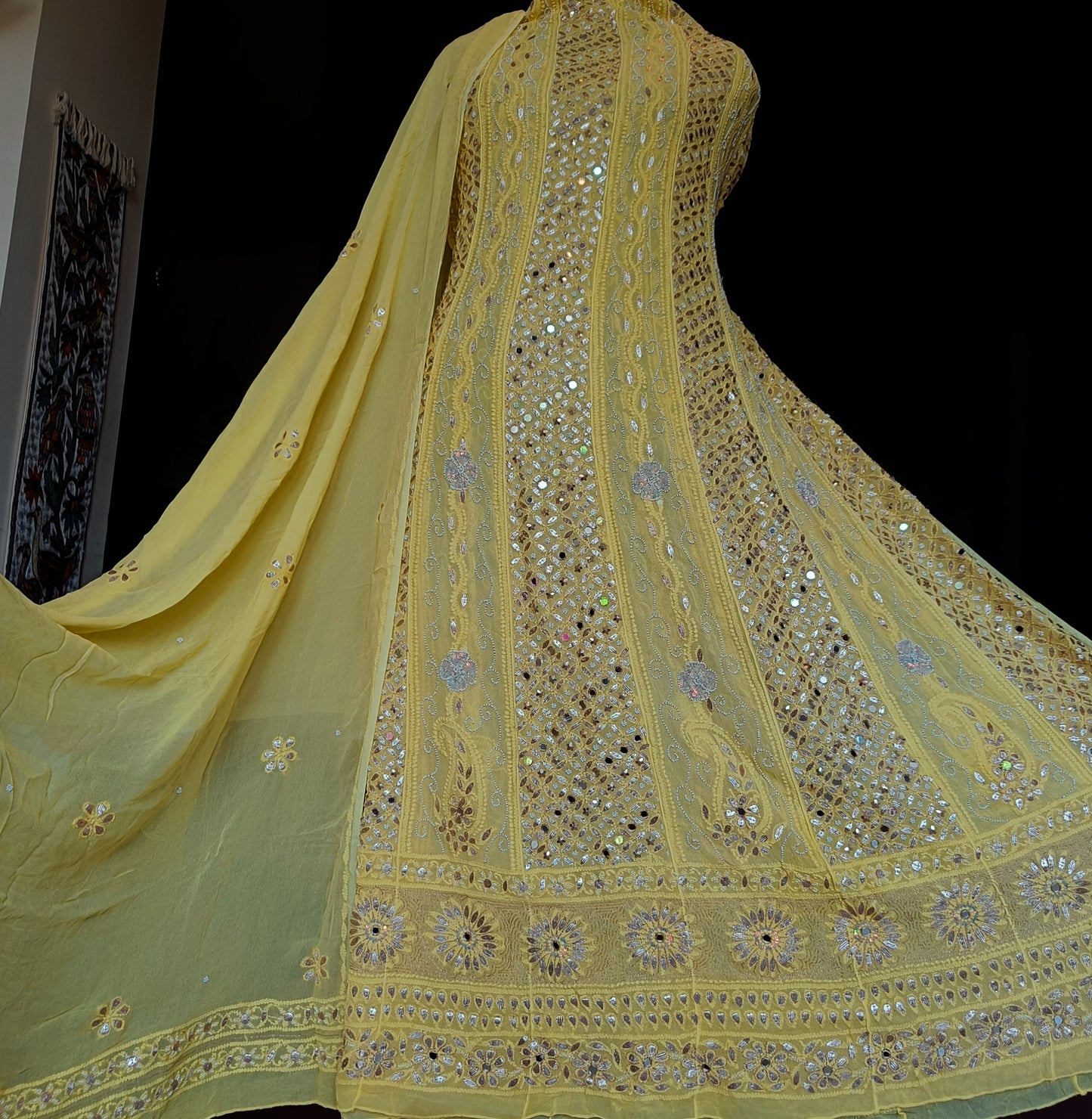 Yellow Chikankari Mirror Pearl Sequins Work Anarkali with Dupatta