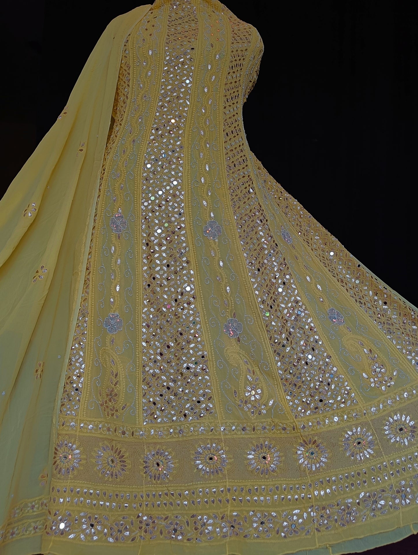 Yellow Chikankari Mirror Pearl Sequins Work Anarkali with Dupatta