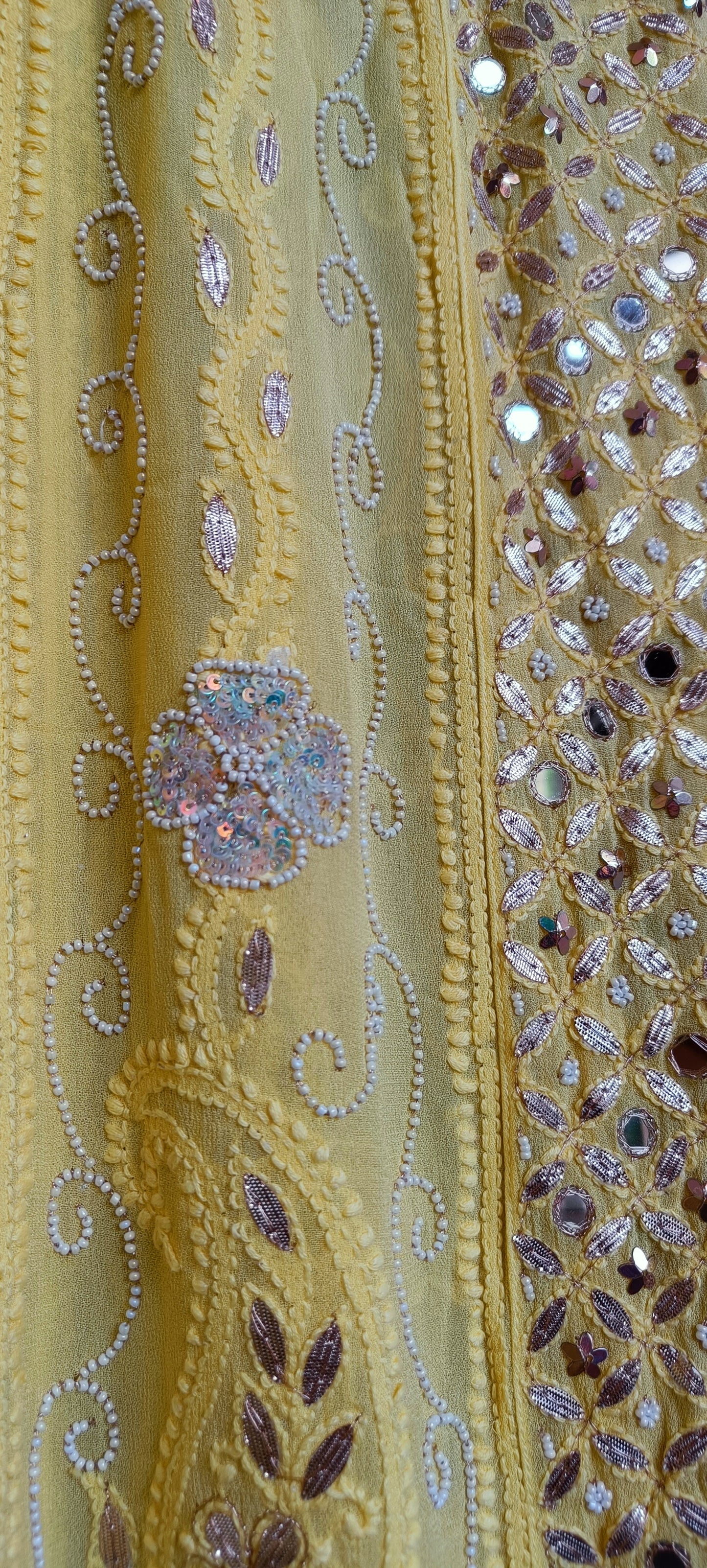 Yellow Chikankari Mirror Pearl Sequins Work Anarkali with Dupatta