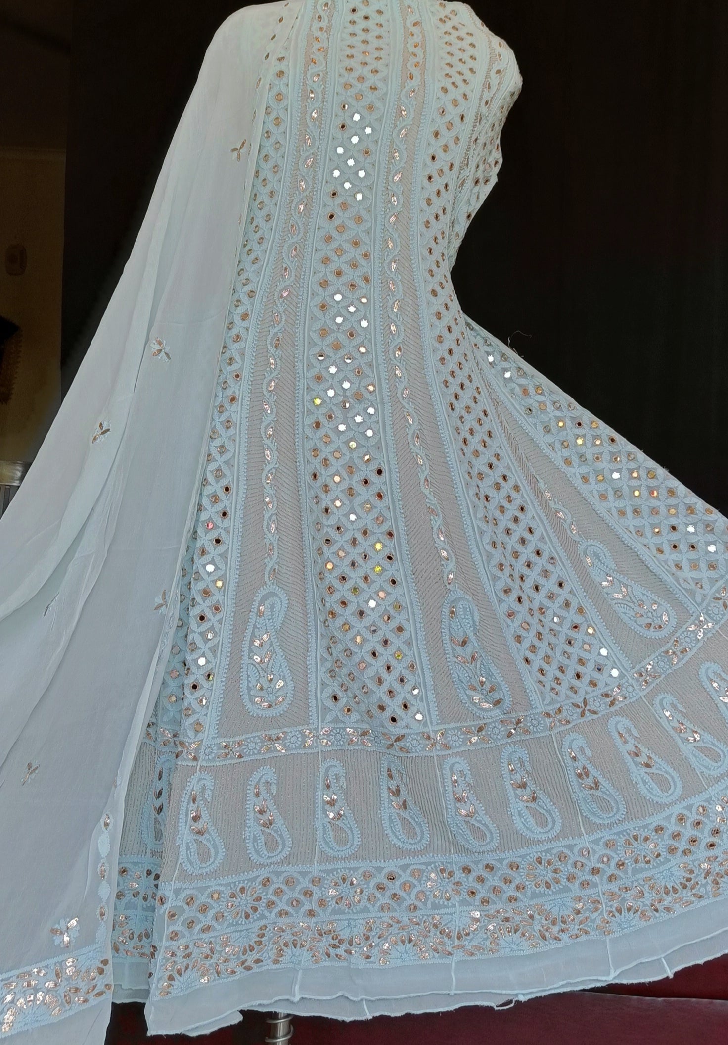 Light Firozi Chikankari and Mirror Work Anarkali with Dupatta