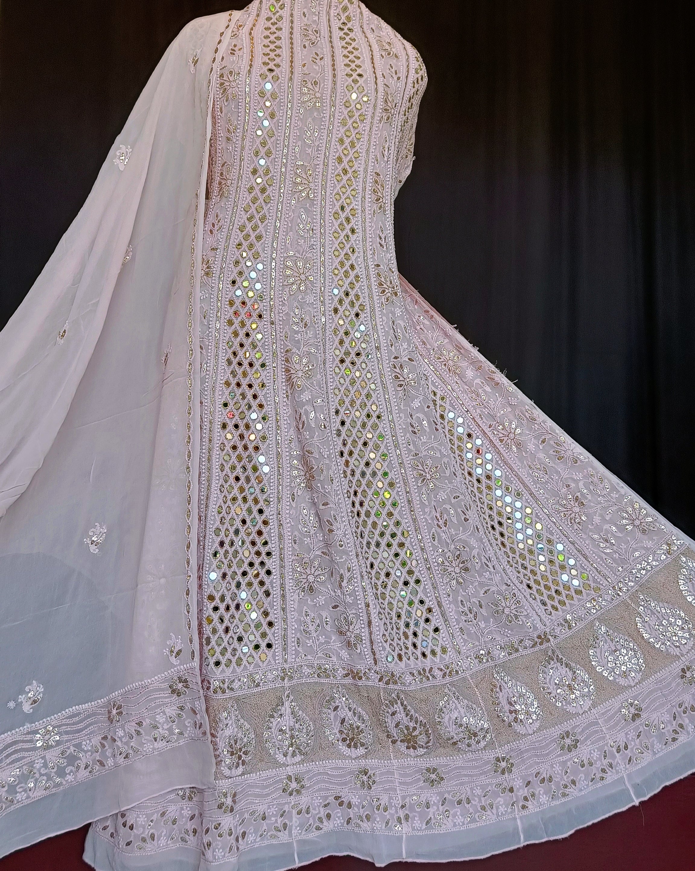 Pink Chikankari and Mirror Work Anarkali with Dupatta