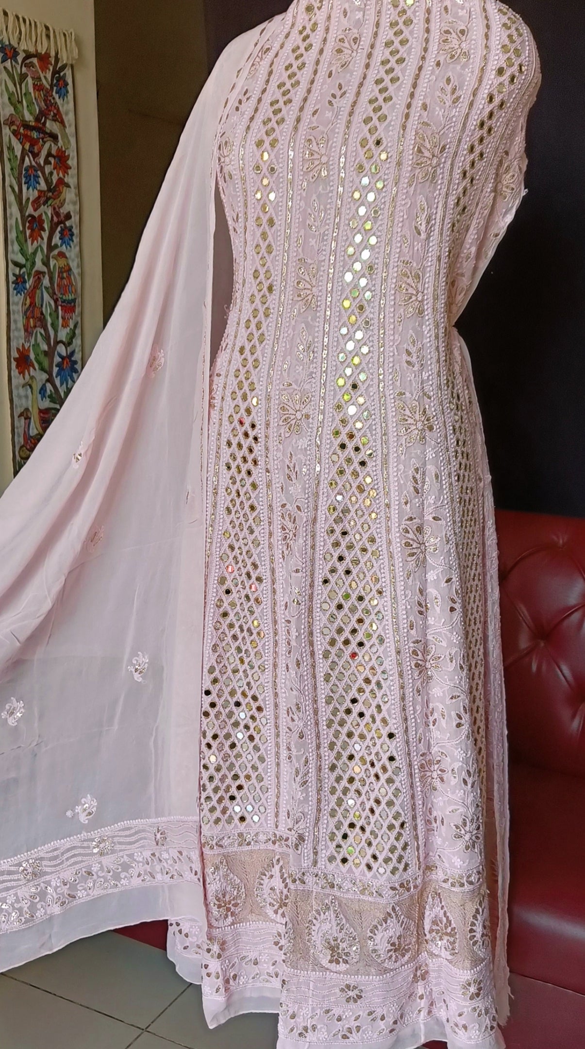 Pink Chikankari and Mirror Work Anarkali with Dupatta