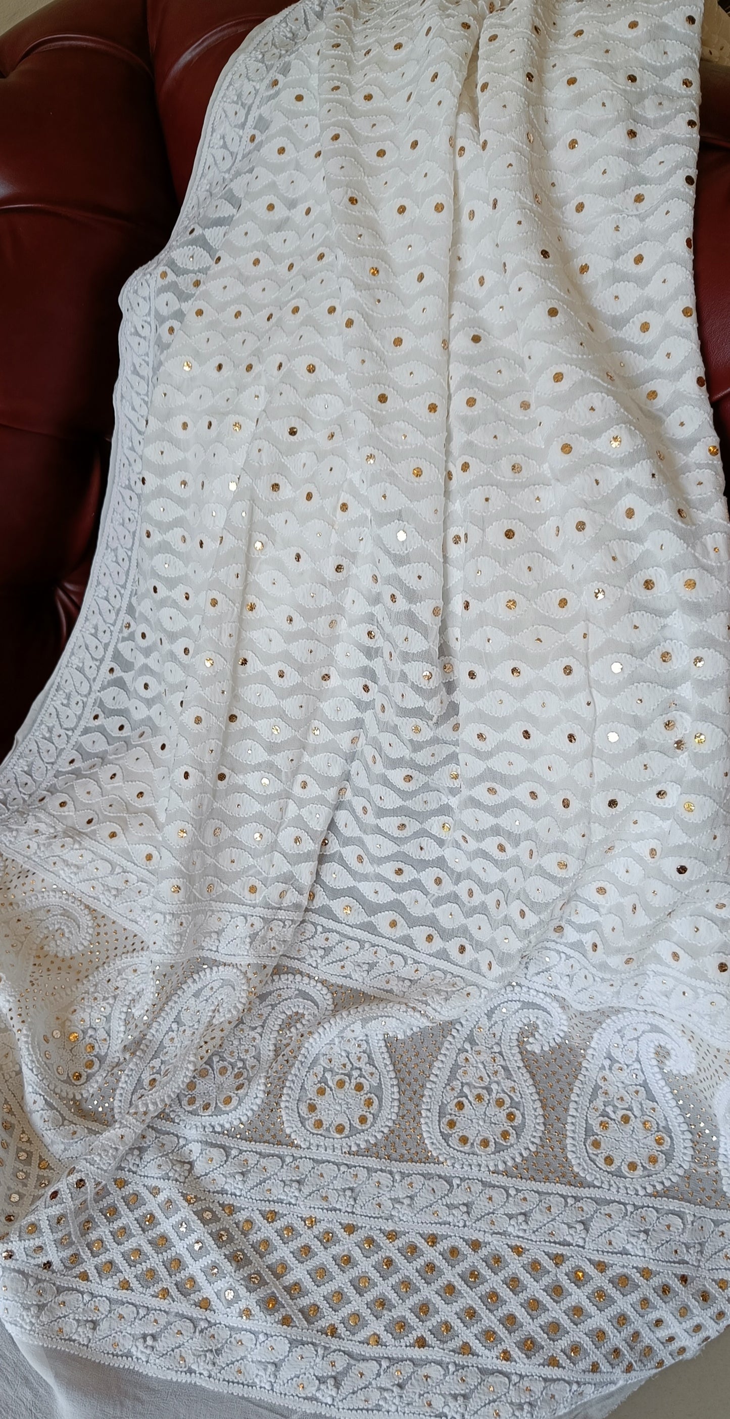White Chikankari and Intricate Mukaish Georgette Dupatta
