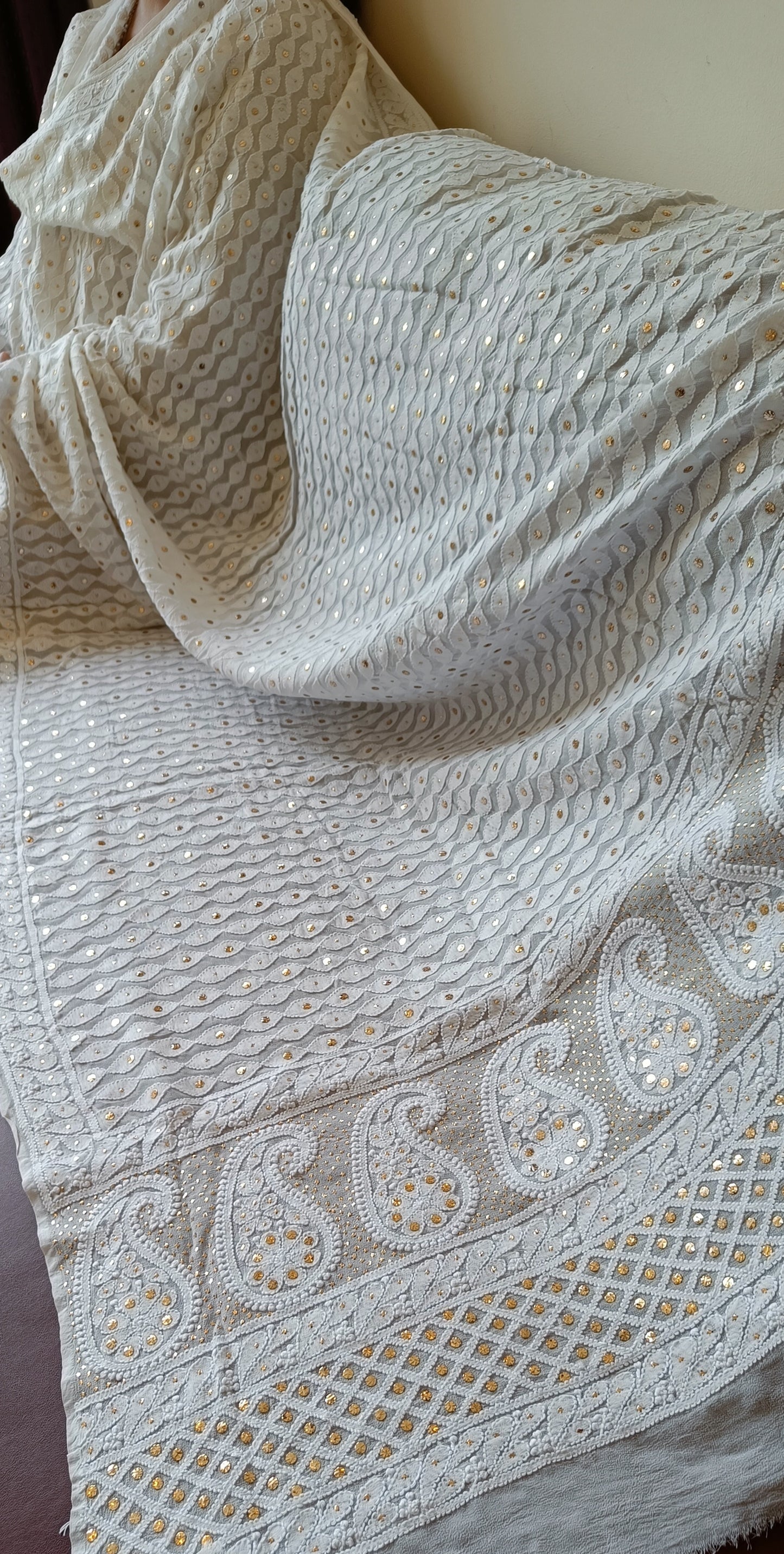 White Chikankari and Intricate Mukaish Georgette Dupatta