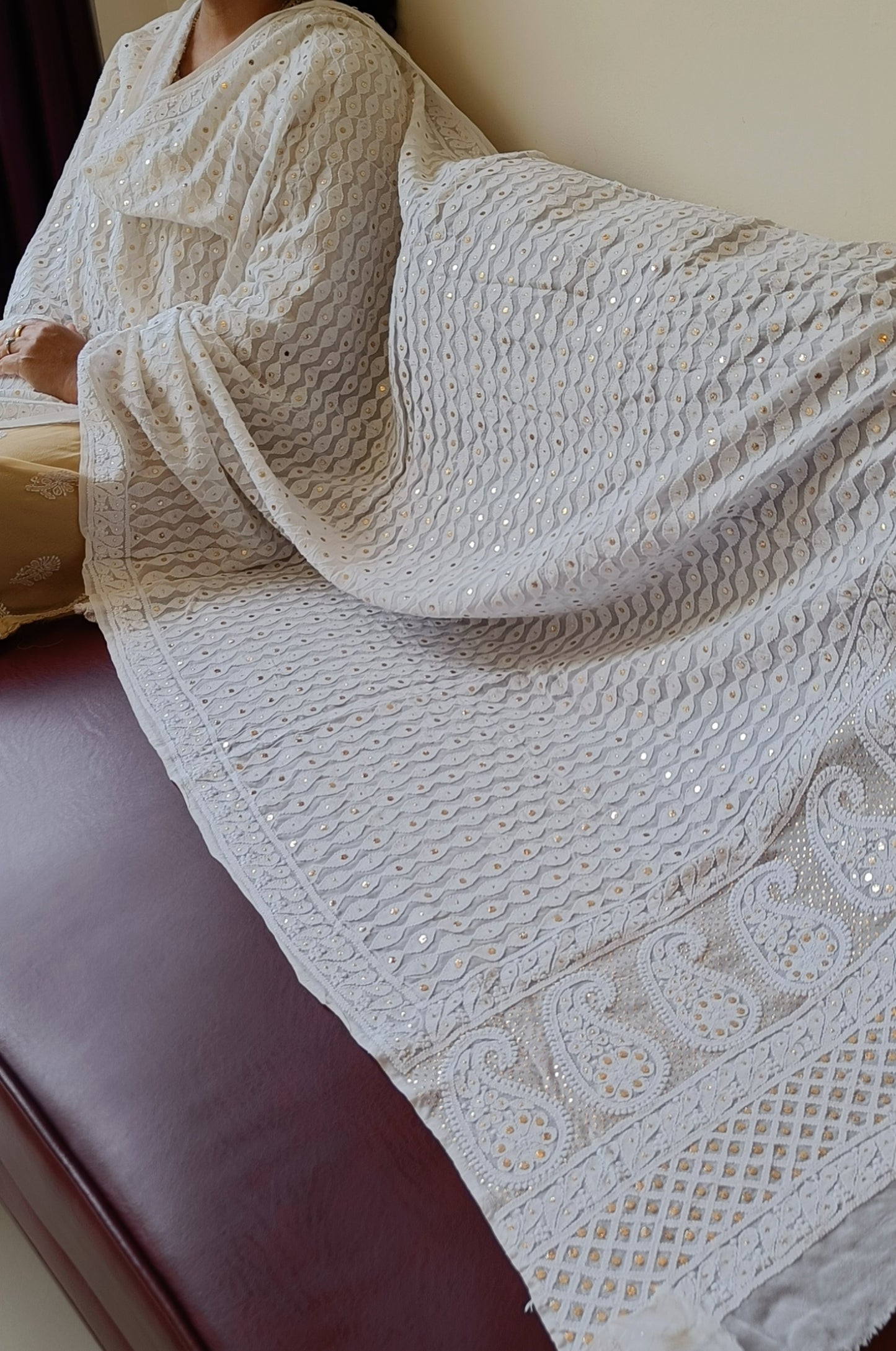 White Chikankari and Intricate Mukaish Georgette Dupatta
