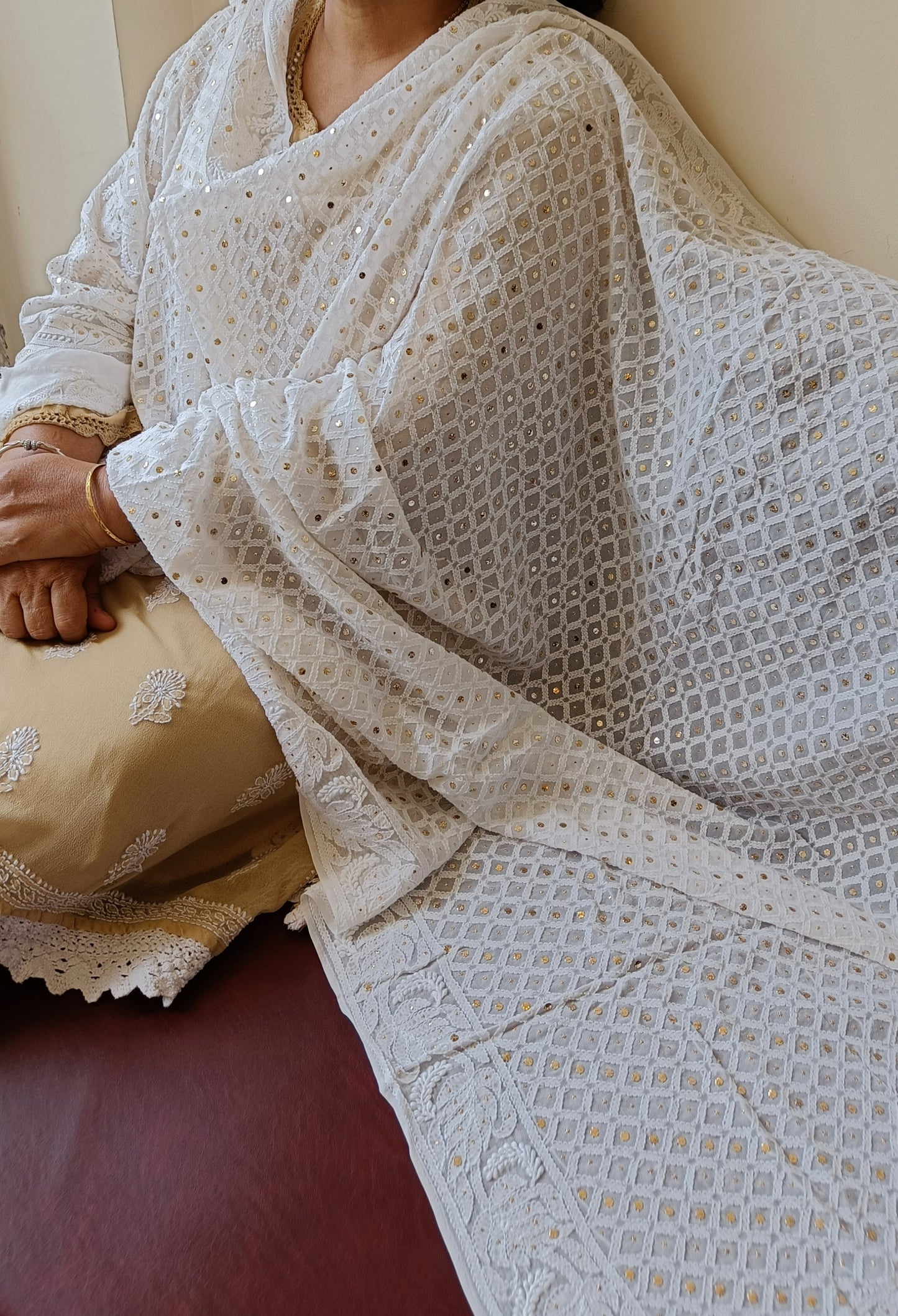 White Chikankari and Intricate Mukaish Georgette Dupatta