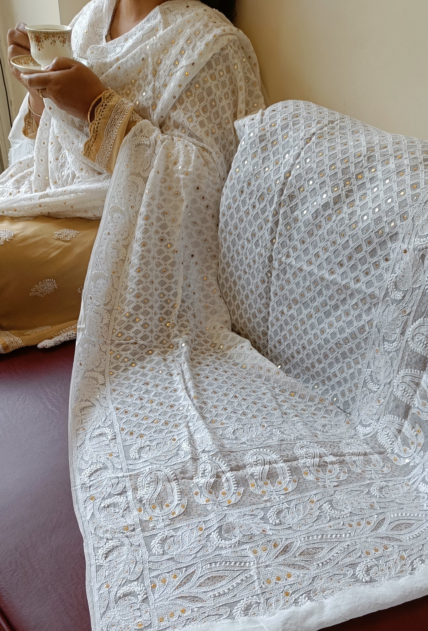 White Chikankari and Intricate Mukaish Georgette Dupatta