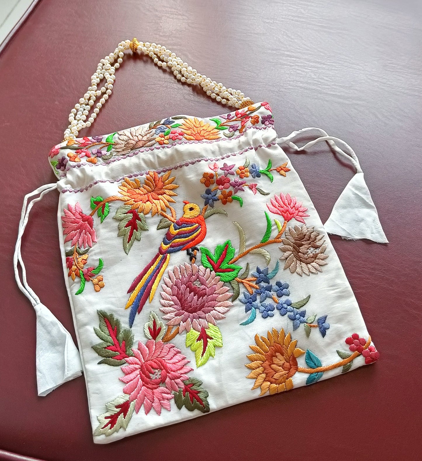 Off White Multicolored Hand Embroidered Parsi Gara Potli
