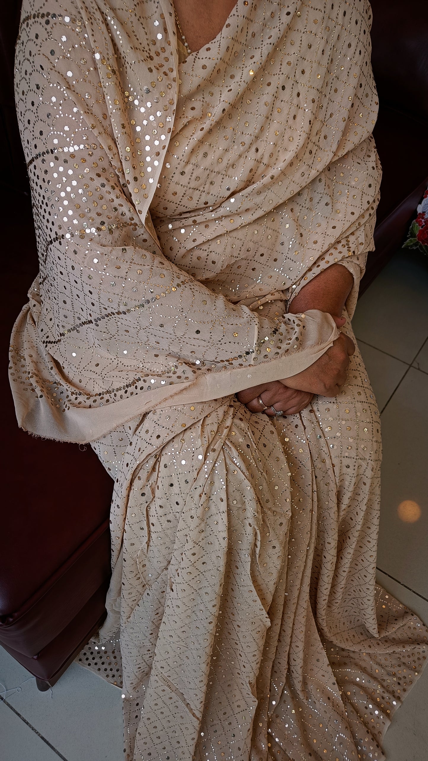 Ruhani Golden Beige Heavy Badla and Mukaish Saree