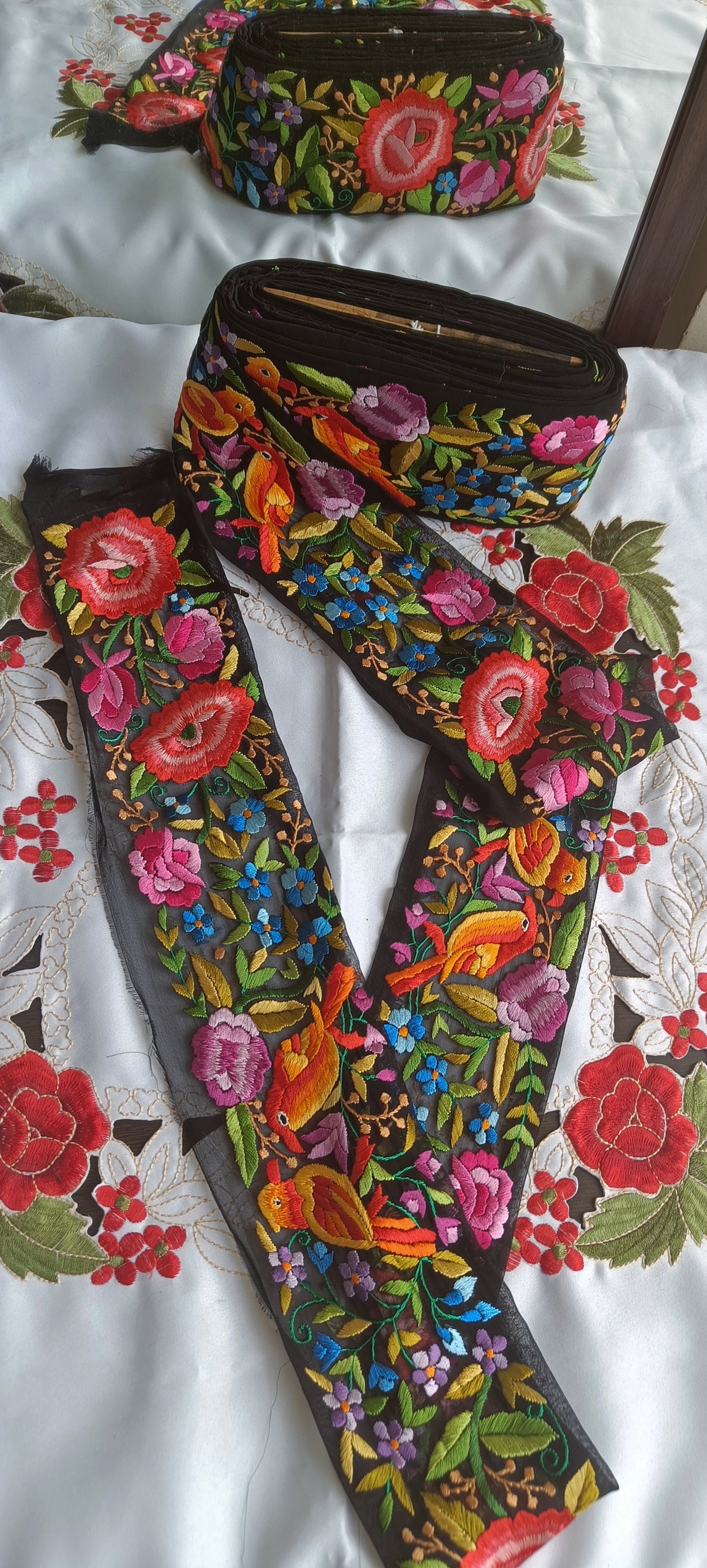 Black Multicolored Hand Embroidered Parsi Gara Border