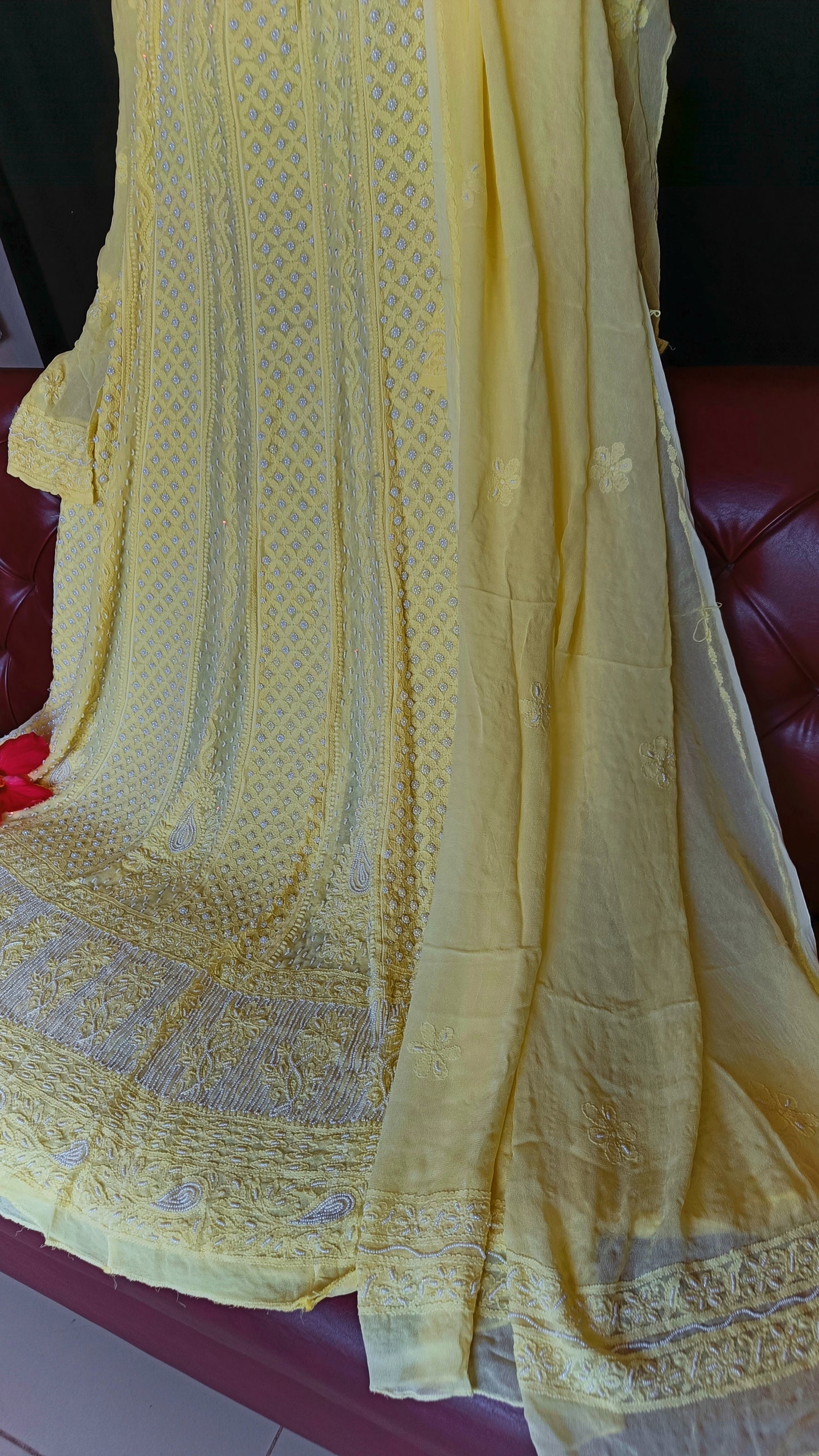 Lemon Yellow Chikankari and Pearl Embroidered Anarkali with Dupatta