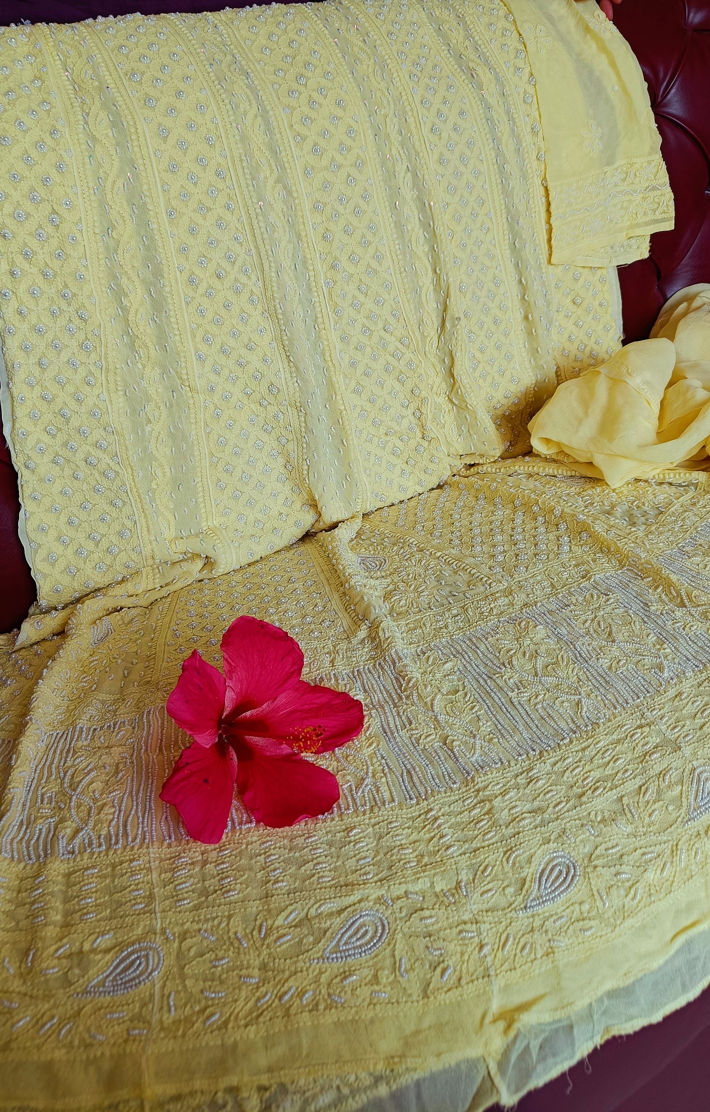 Lemon Yellow Chikankari and Pearl Embroidered Anarkali with Dupatta