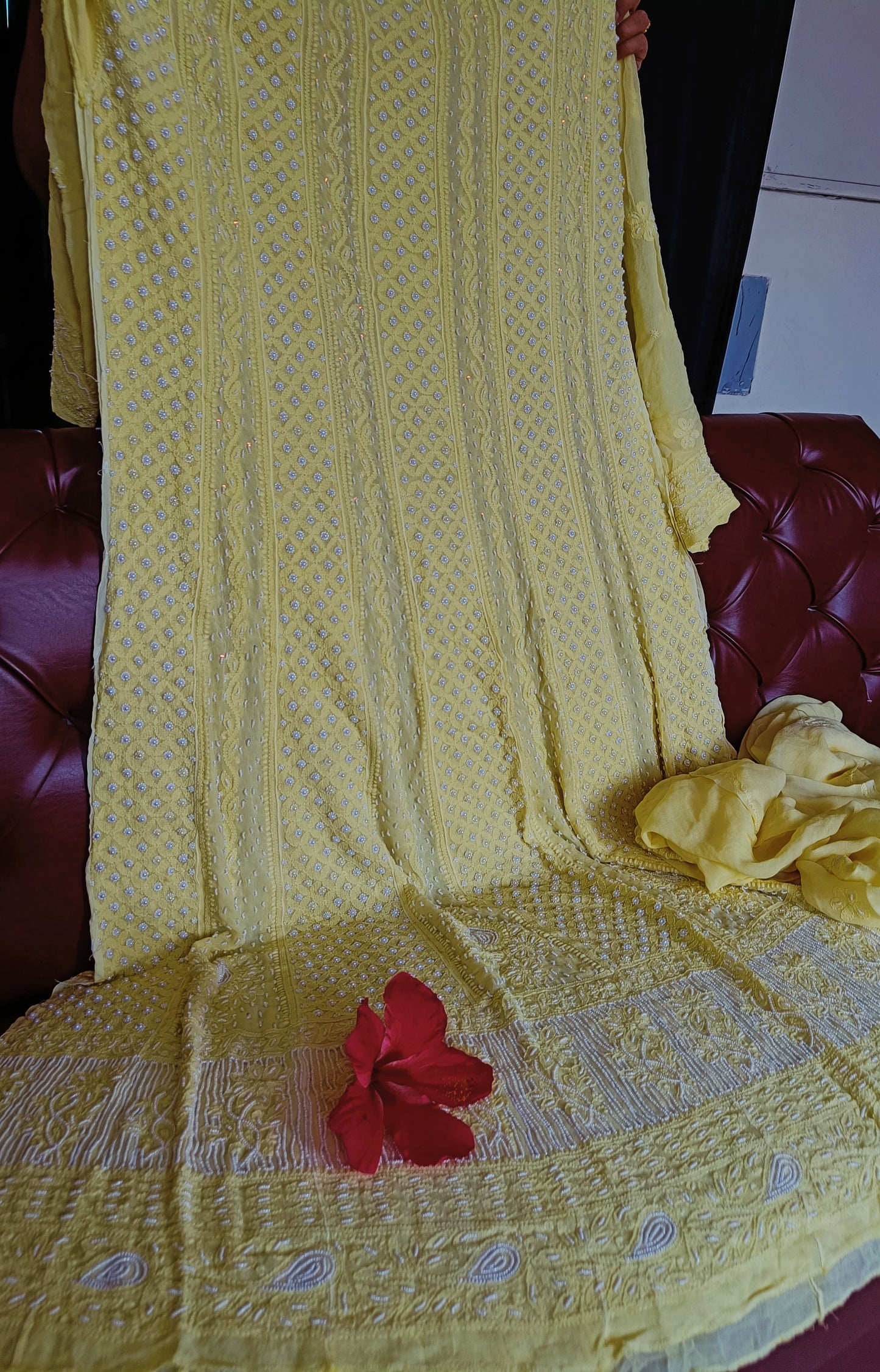 Lemon Yellow Chikankari and Pearl Embroidered Anarkali with Dupatta