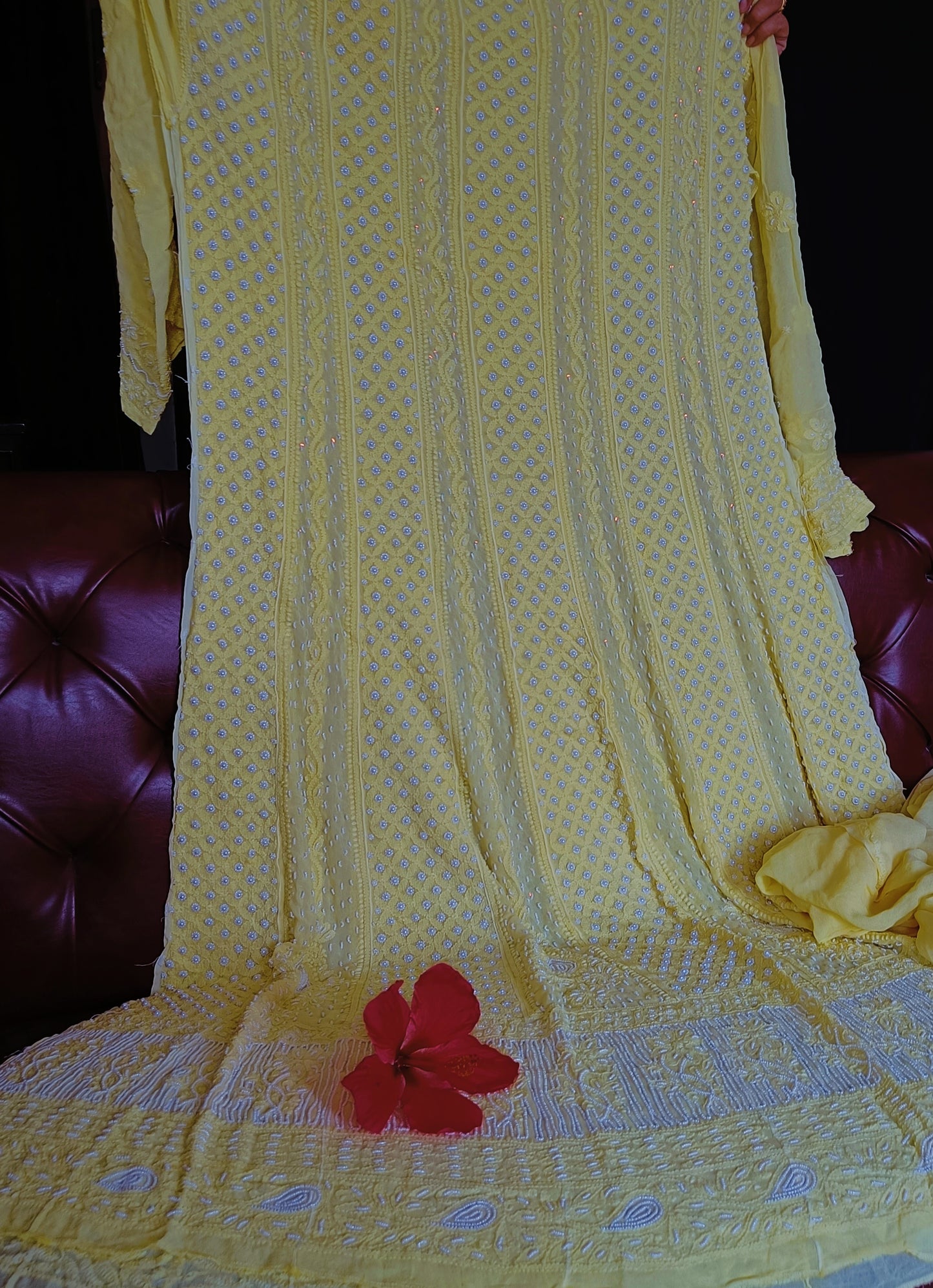 Lemon Yellow Chikankari and Pearl Embroidered Anarkali with Dupatta