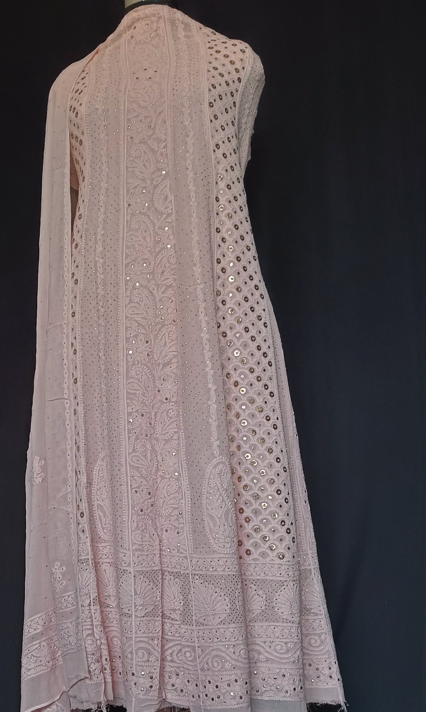 Oyster Pink Allover Chikankari and Heavy Ring Mukaish Anarkali with Dupatta