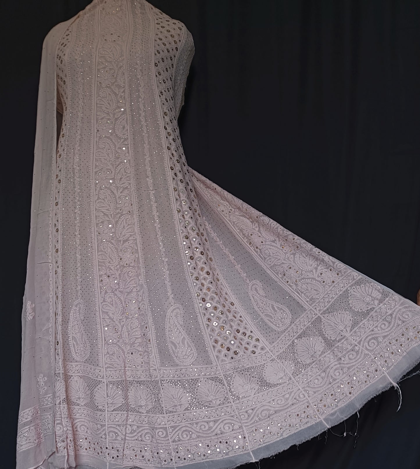 Oyster Pink Allover Chikankari and Heavy Ring Mukaish Anarkali with Dupatta