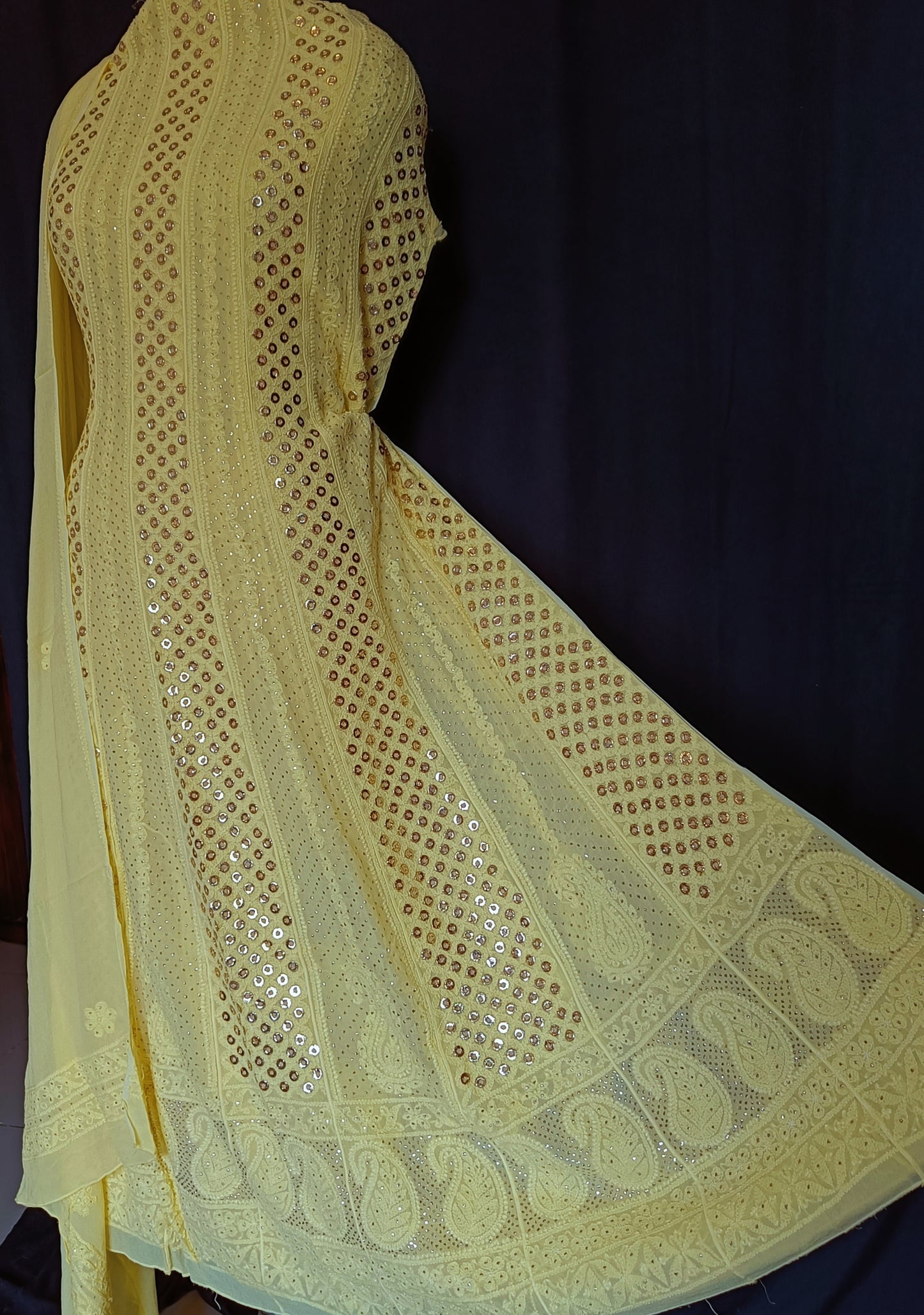 Lemon Yellow Allover Chikankari and Heavy Ring Mukaish Anarkali with Dupatta