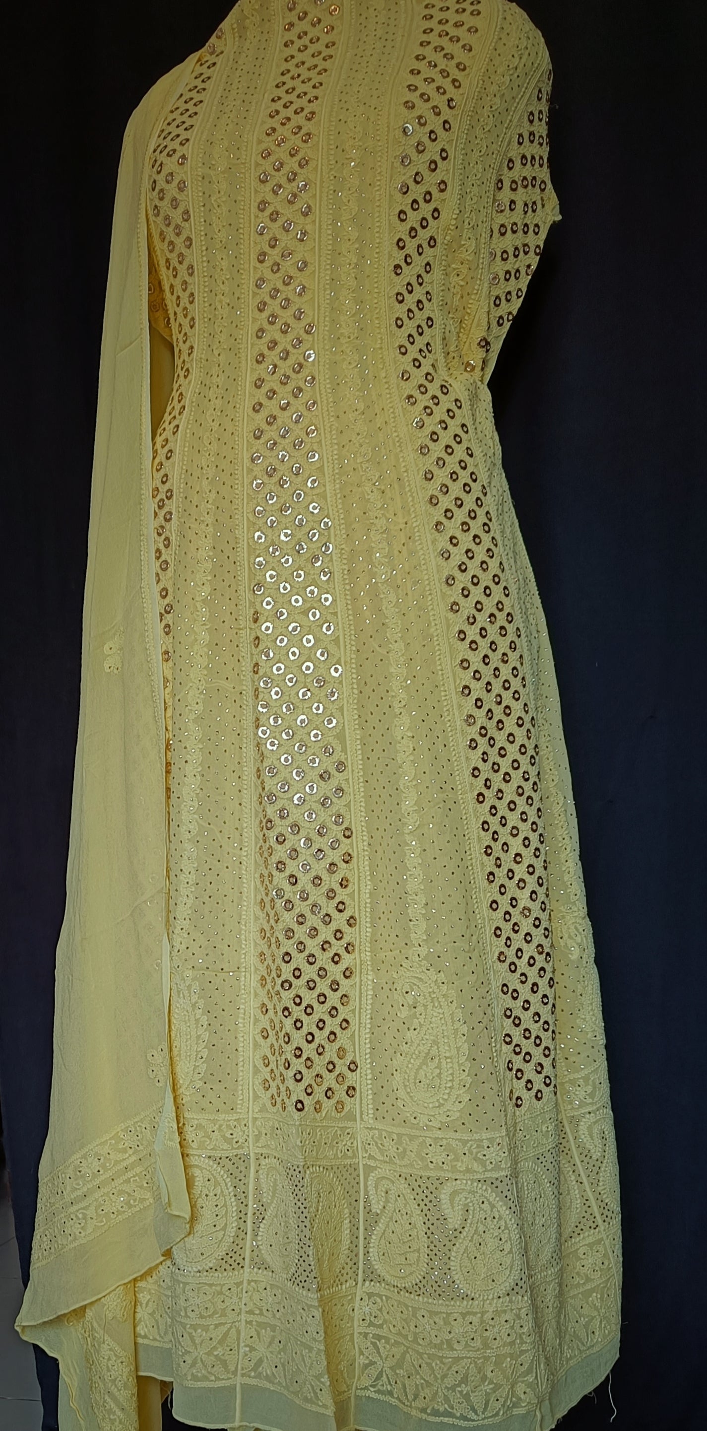 Lemon Yellow Allover Chikankari and Heavy Ring Mukaish Anarkali with Dupatta