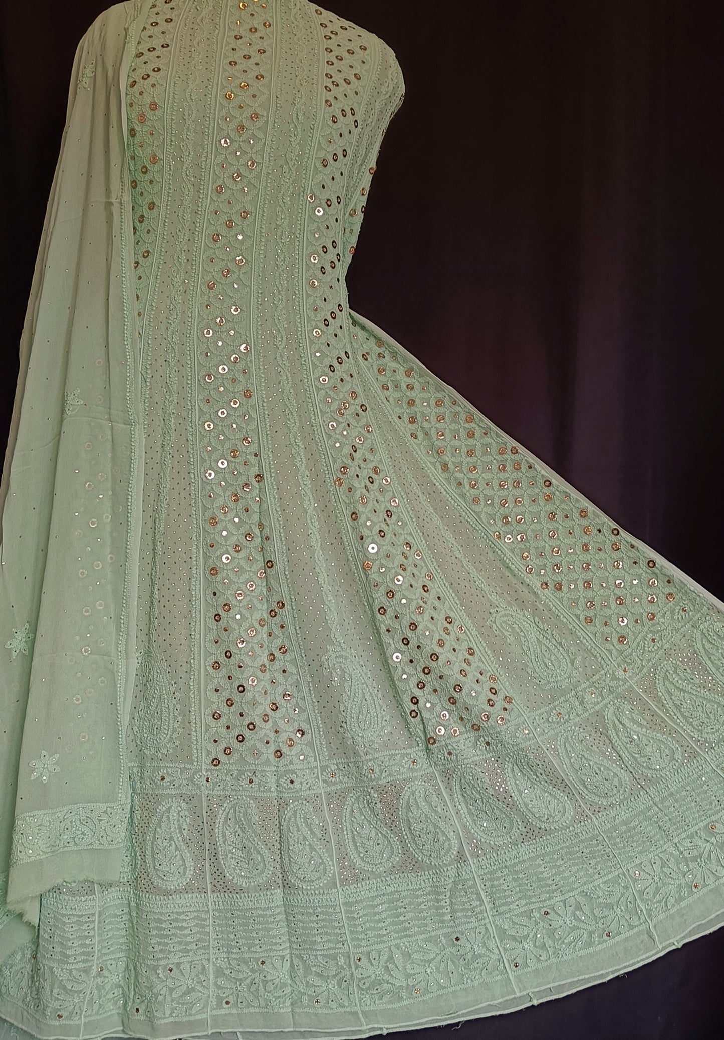 Sage green Allover Chikankari and Heavy Ring Mukaish Anarkali with Dupatta