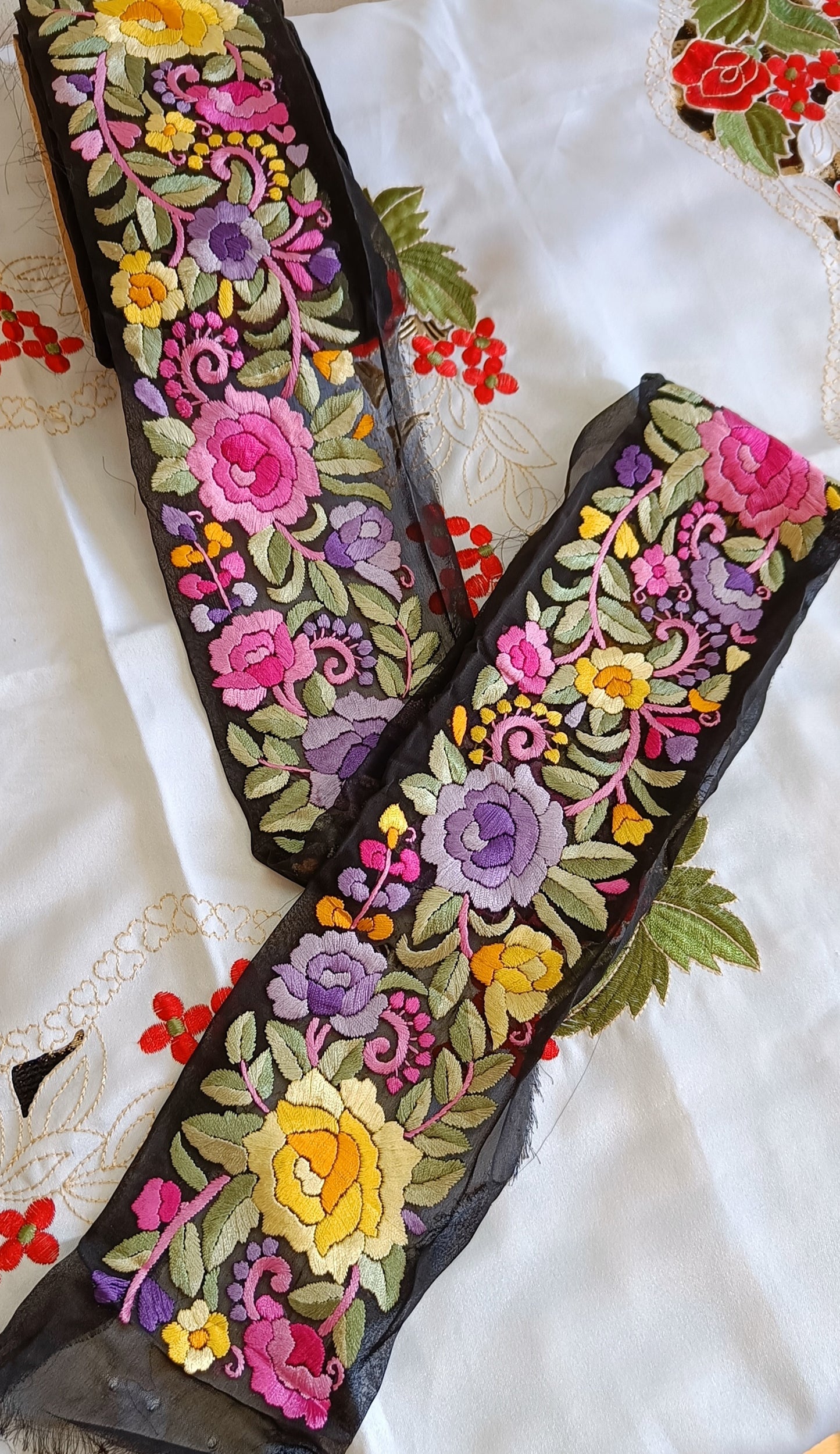 Black Multicolored Hand Embroidered Parsi Gara Border