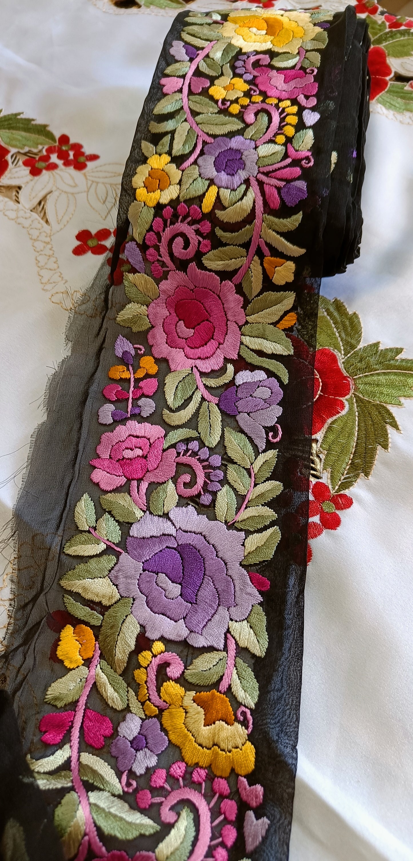 Black Multicolored Hand Embroidered Parsi Gara Border