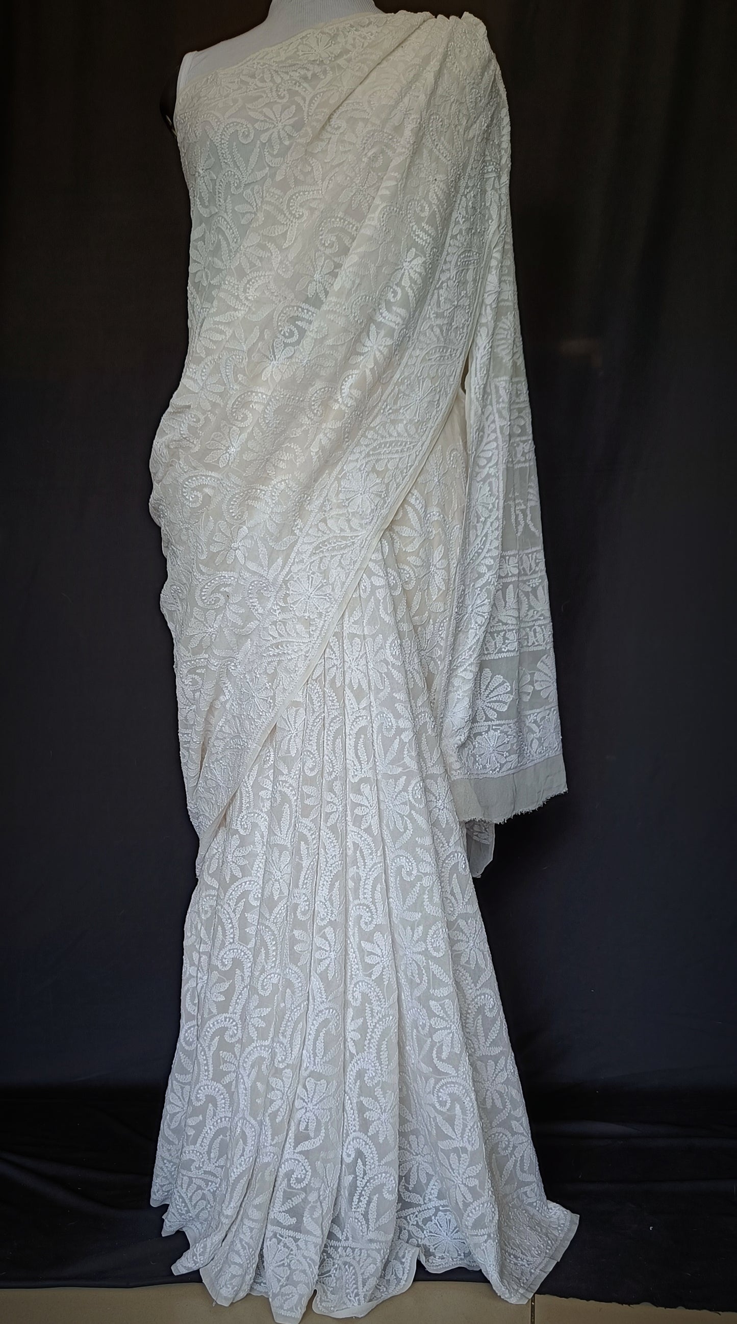 Ruhani Off White Allover Chikankari Hand Embroidered Saree