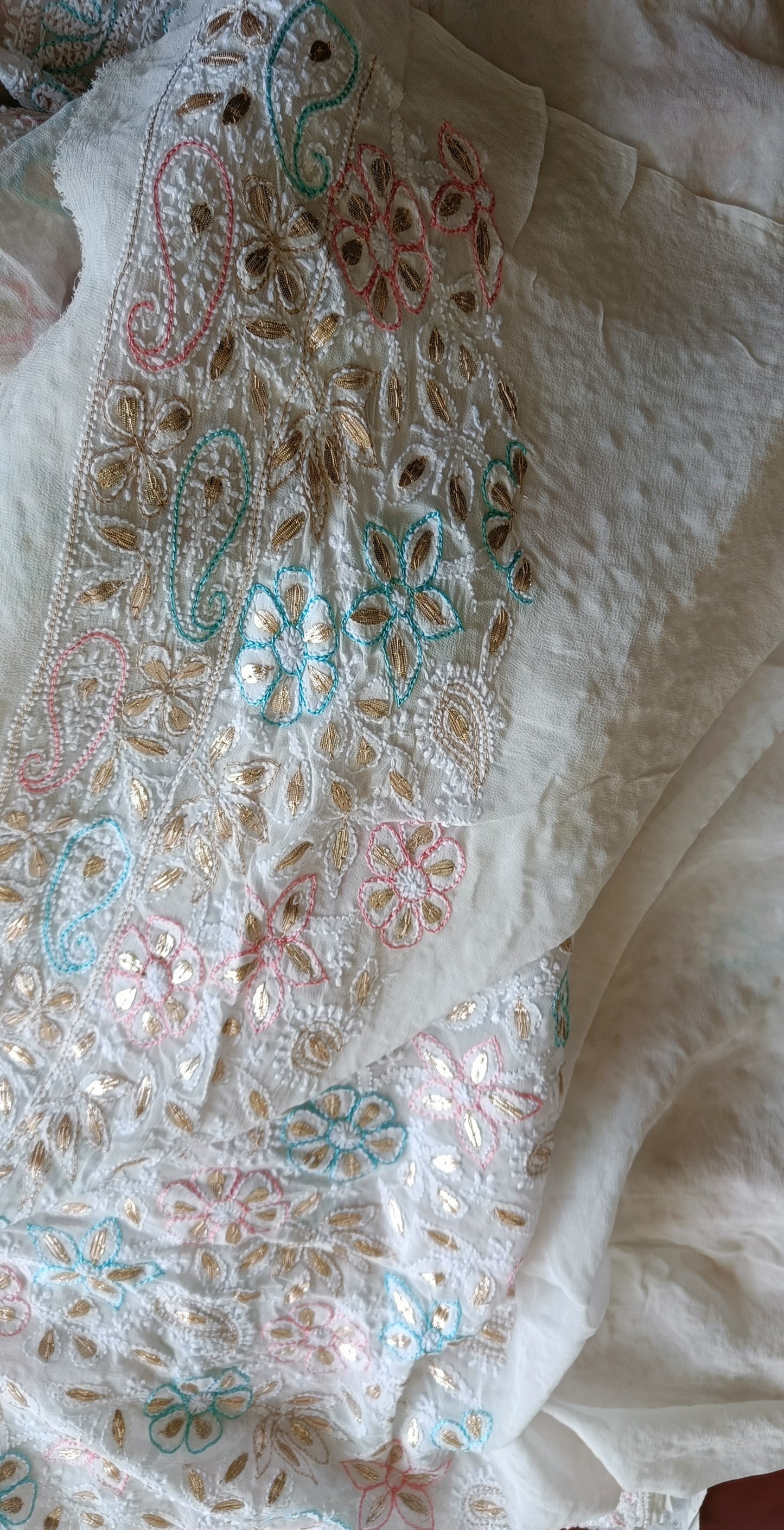 Ruhani Ivory Saree Allover Chikankari Multicolored Resham and Gota Patti Work