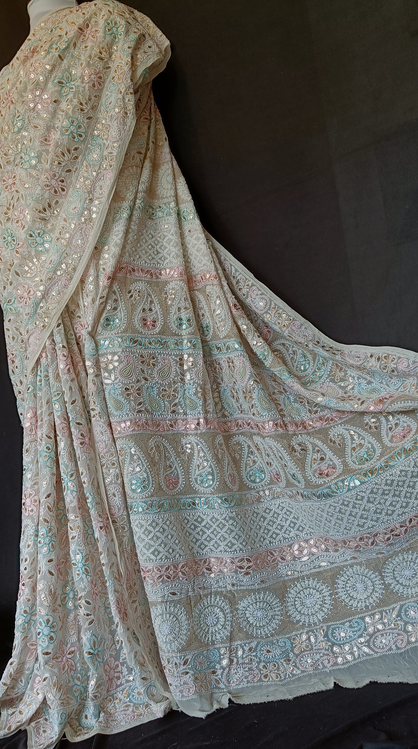 Ruhani Ivory Saree Allover Chikankari Multicolored Resham and Gota Patti Work