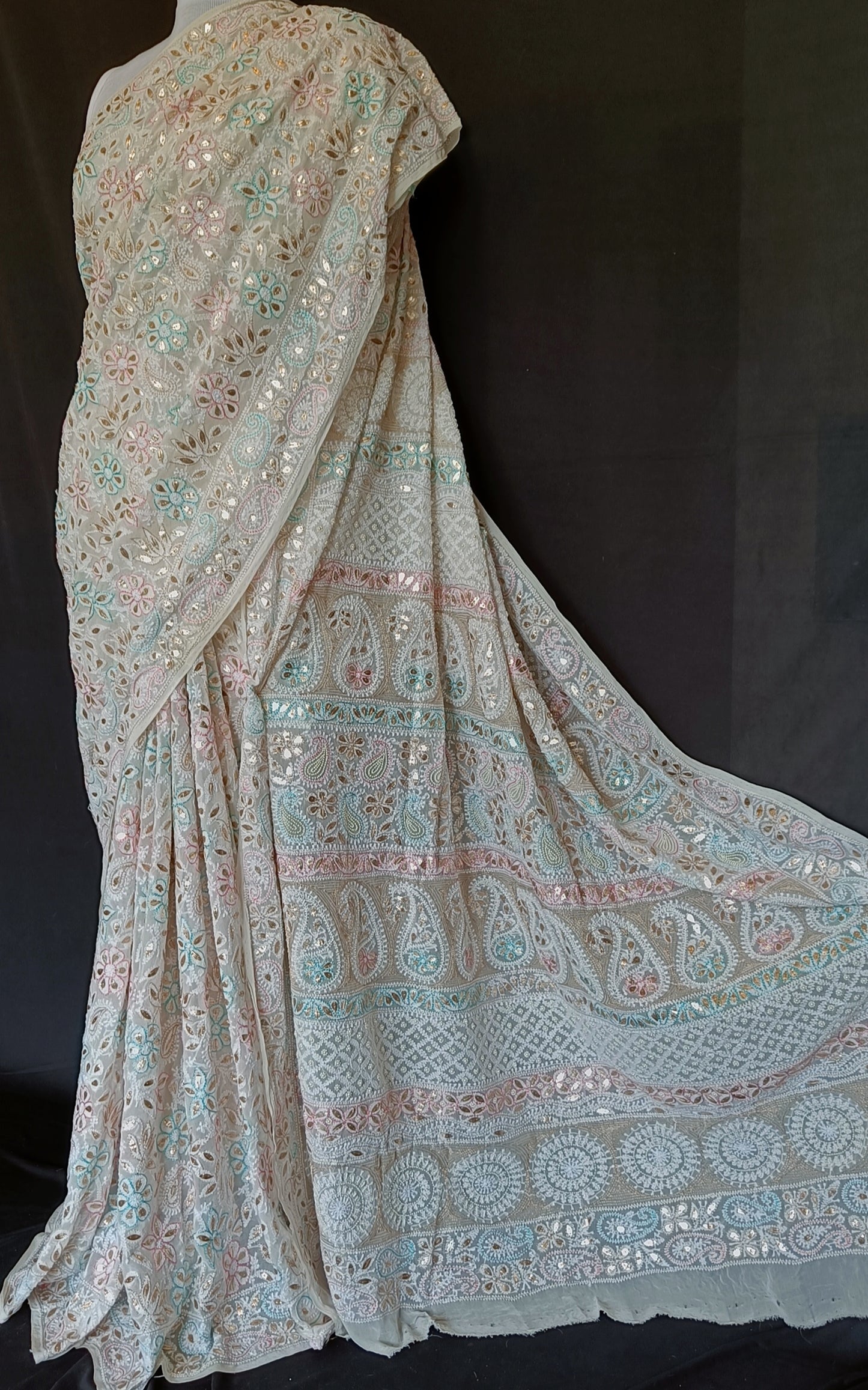 Ruhani Ivory Saree Allover Chikankari Multicolored Resham and Gota Patti Work