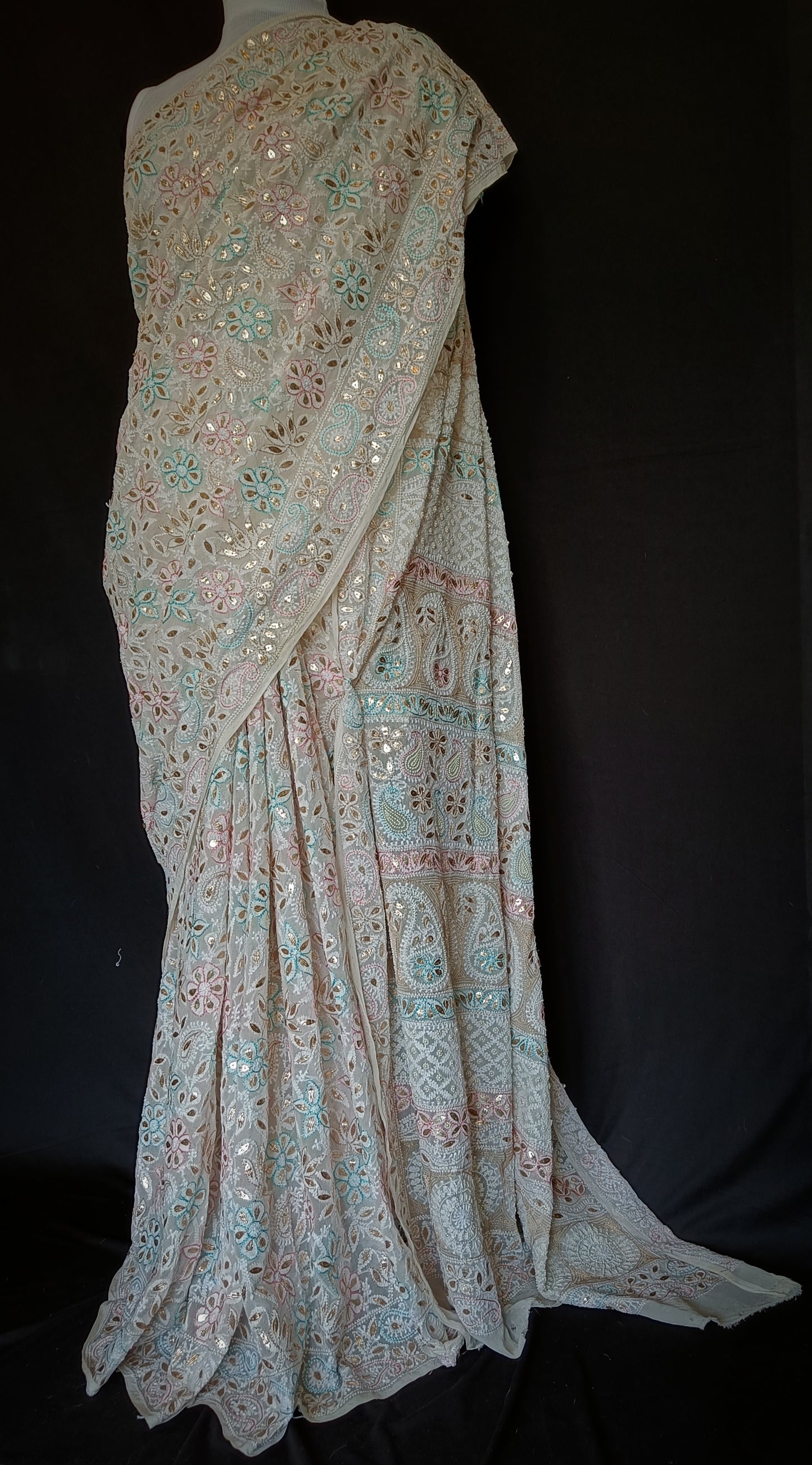 Ruhani Ivory Saree Allover Chikankari Multicolored Resham and Gota Patti Work